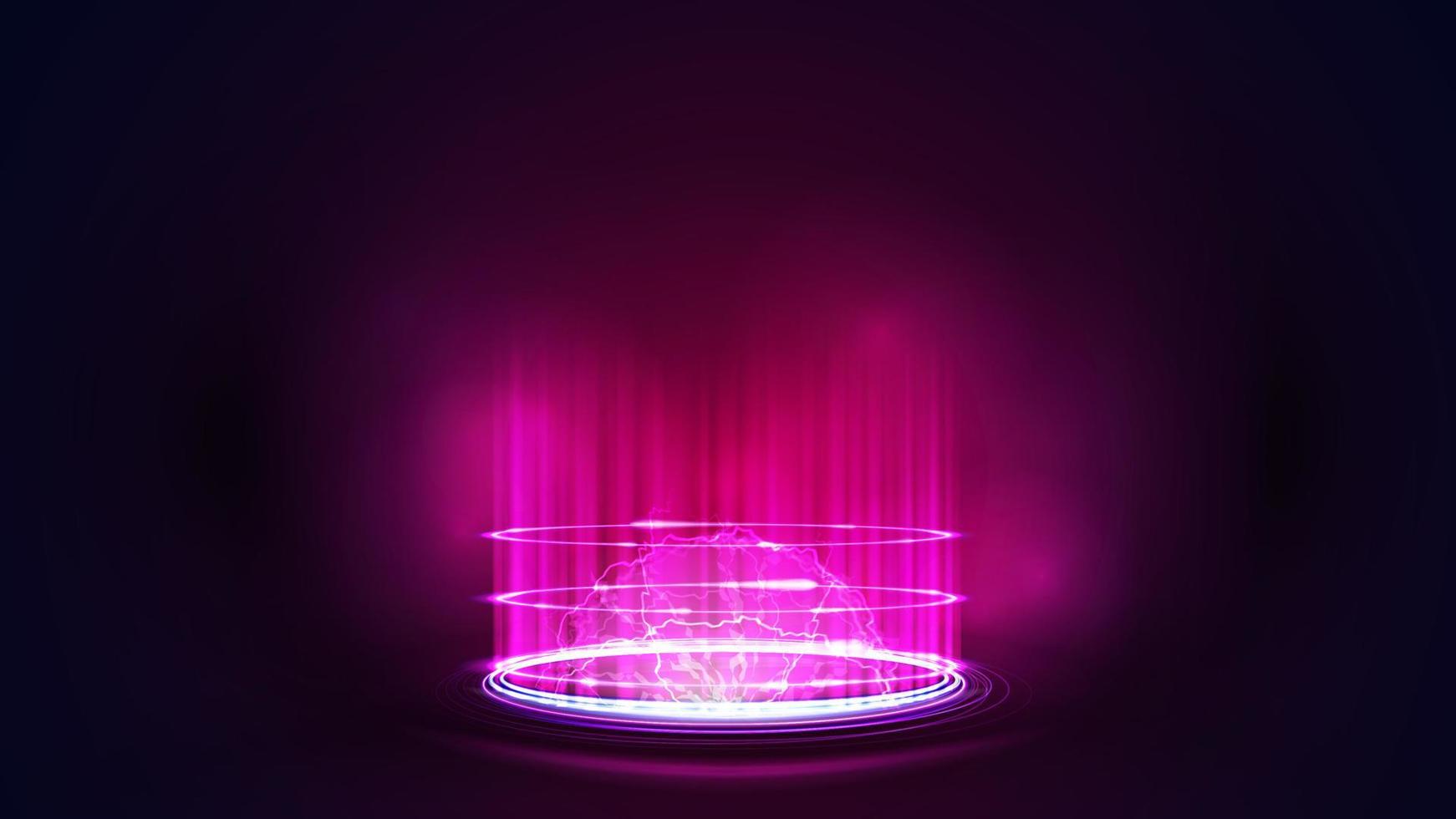 Digital hologram with particles, shiny rings and energy ball inside. Dark and pink digital scene vector