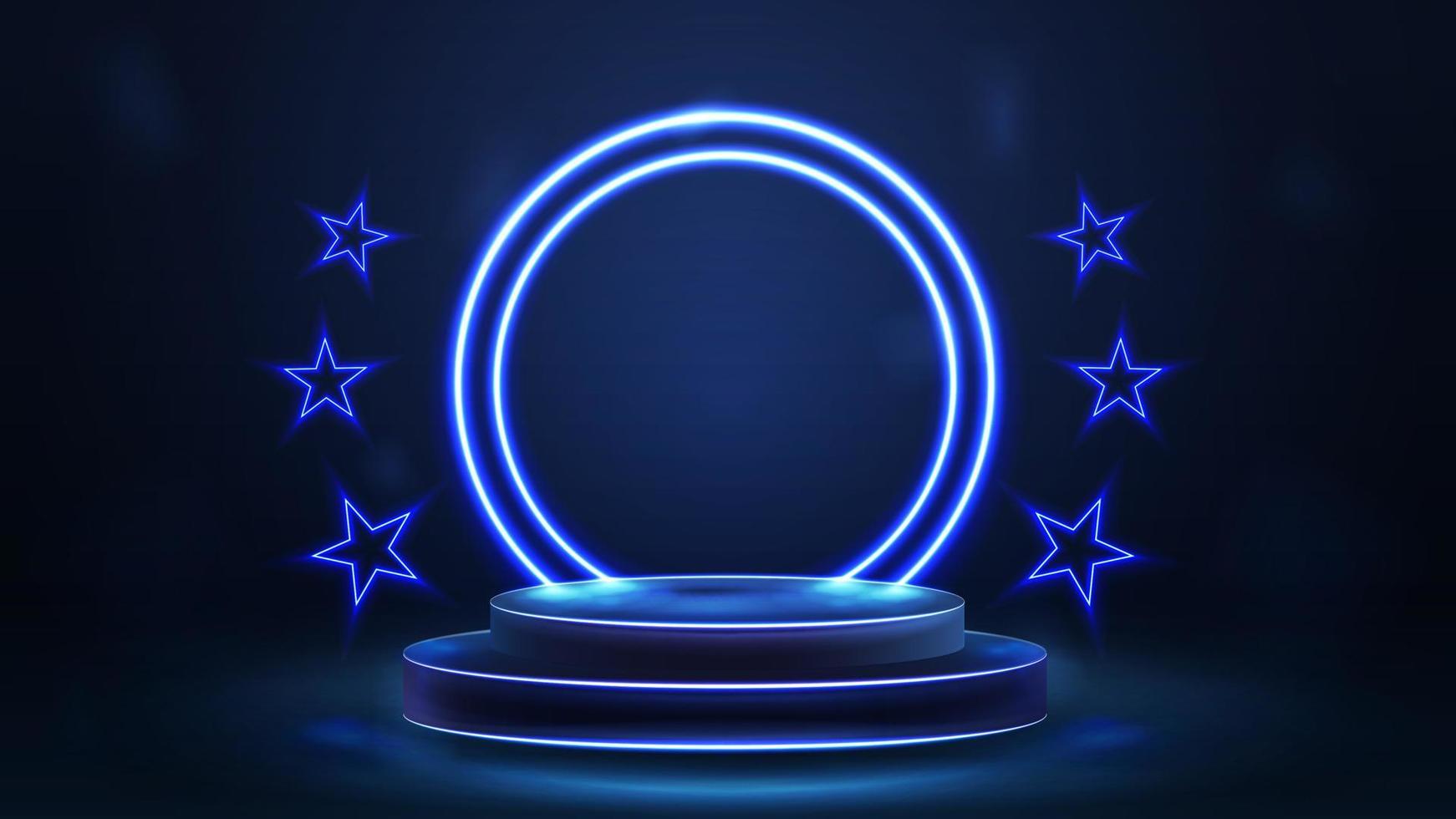 Empty blue podium of winners with blue neon rings and neon stars vector