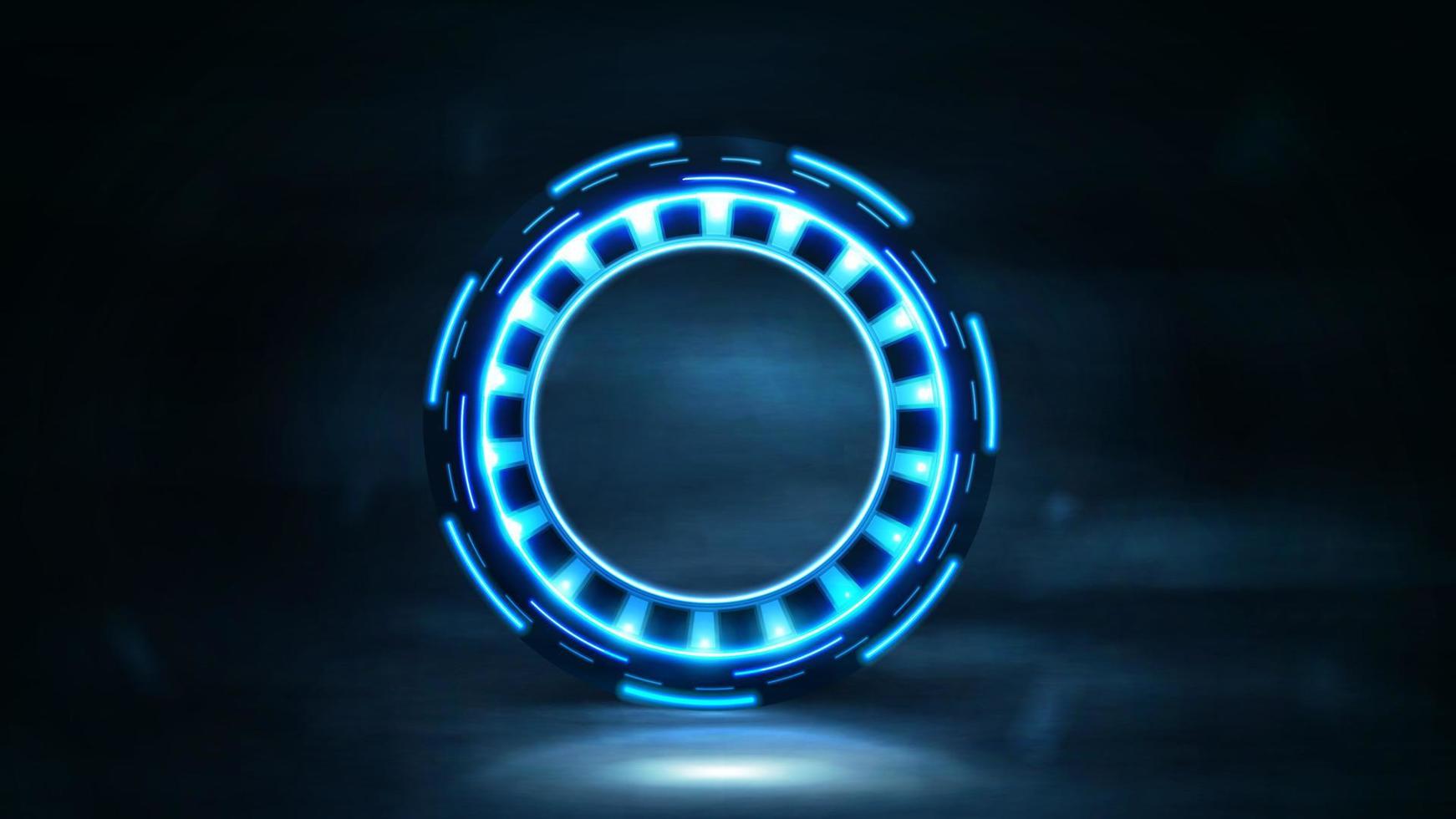 Digital ring with neon lights in dark scene with fog. vector