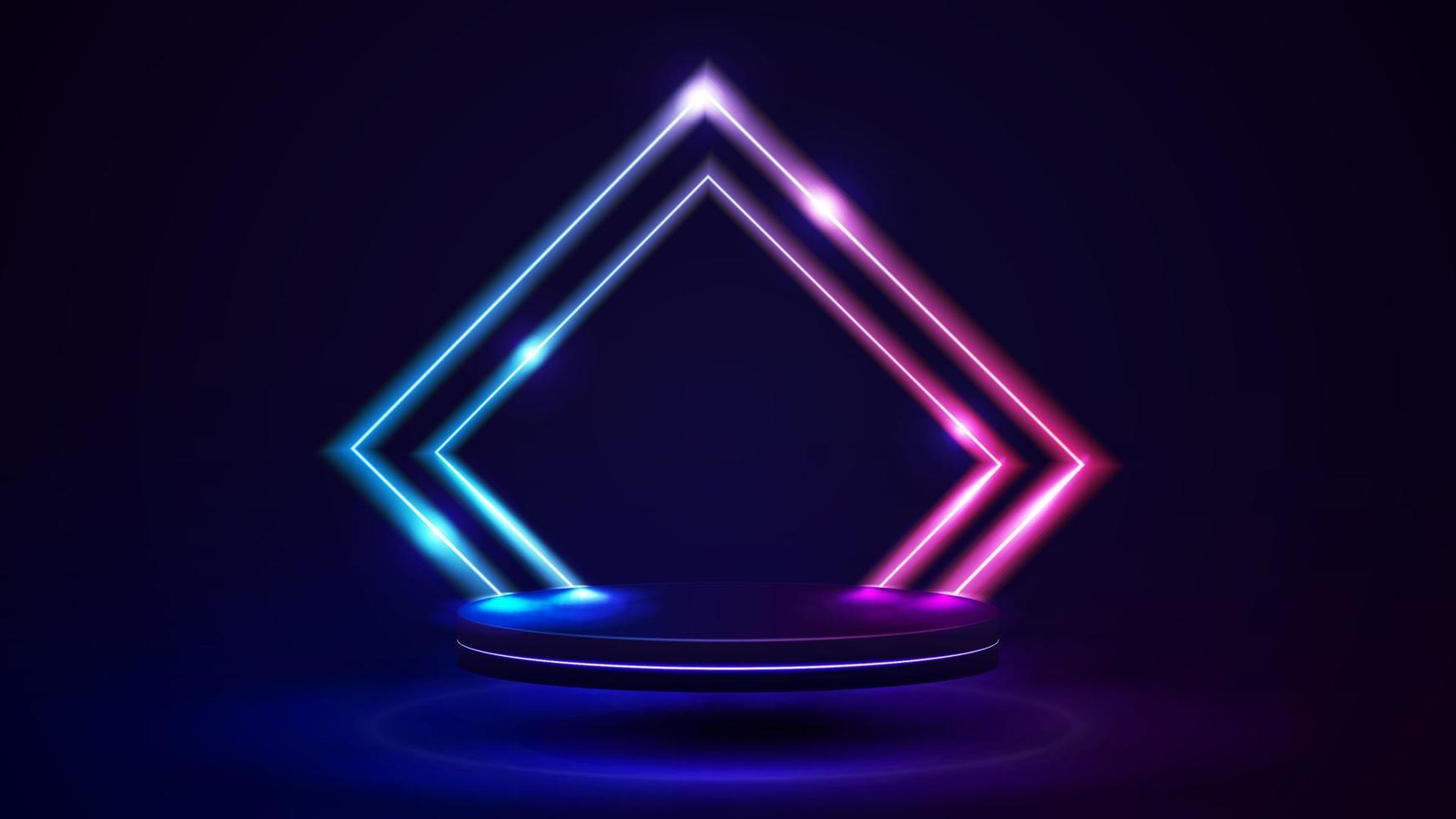 Empty podium with line gradient neon rhombus frames. Abstract scene with pink and blue neon frames and flying platform vector