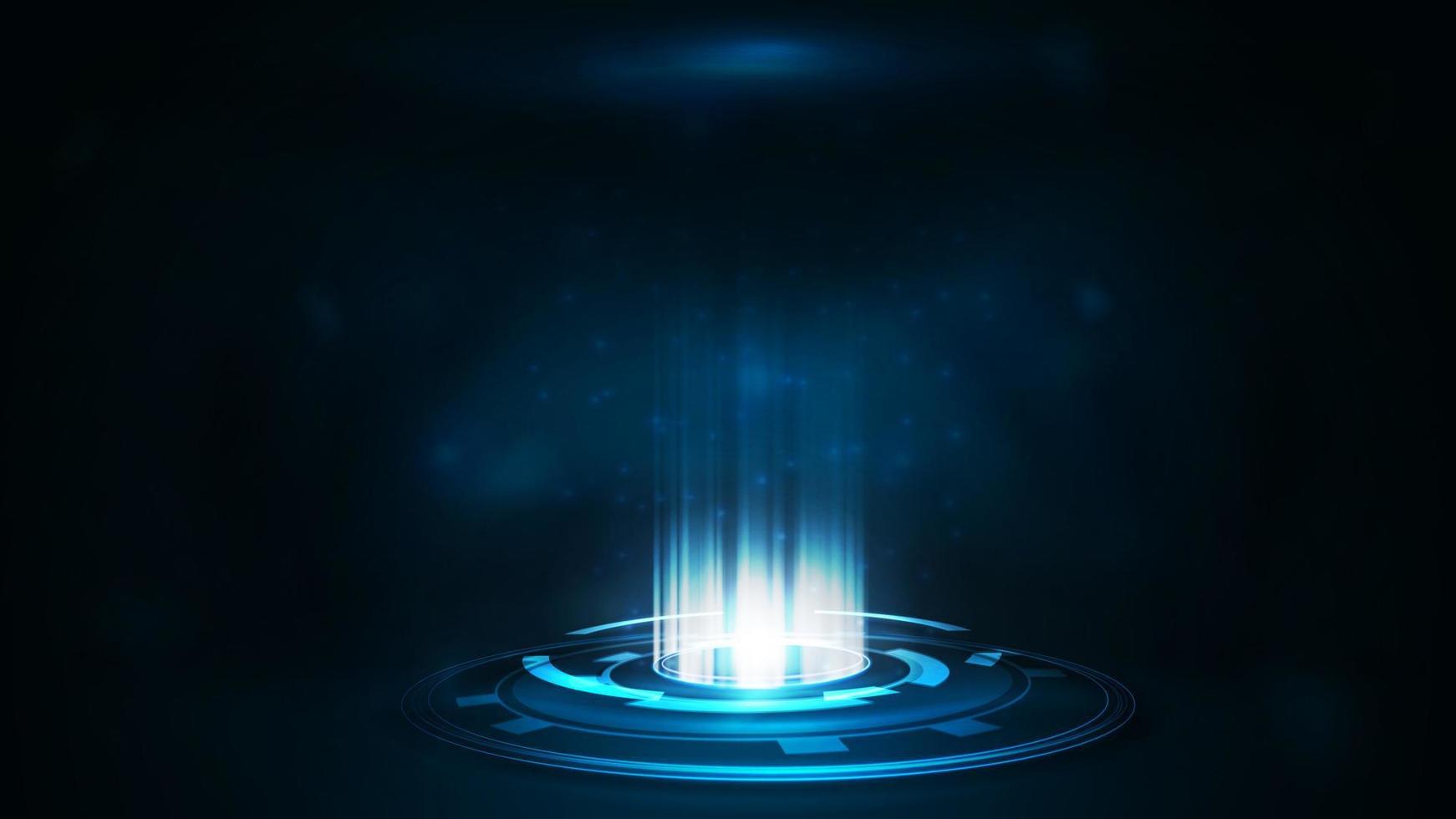 Blue digital portal with particles and hologram digital rings in dark room vector