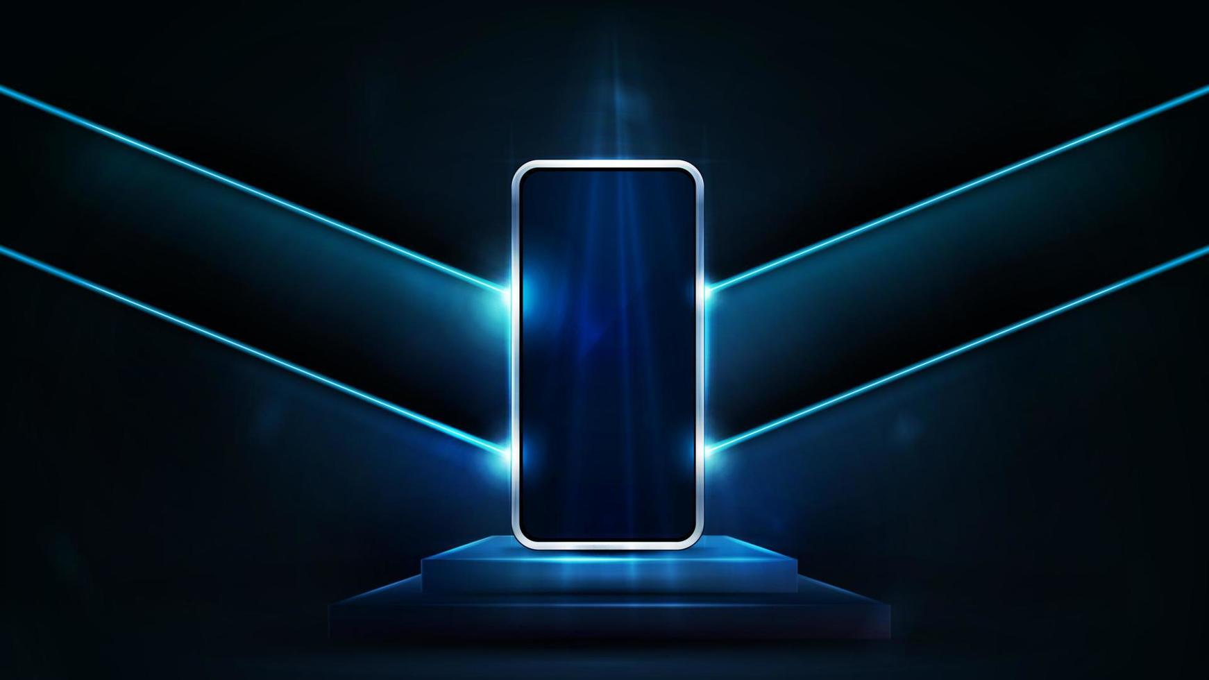 Smartphone on blue rectangular podium on background empty room with neon blue large arrows on wall vector