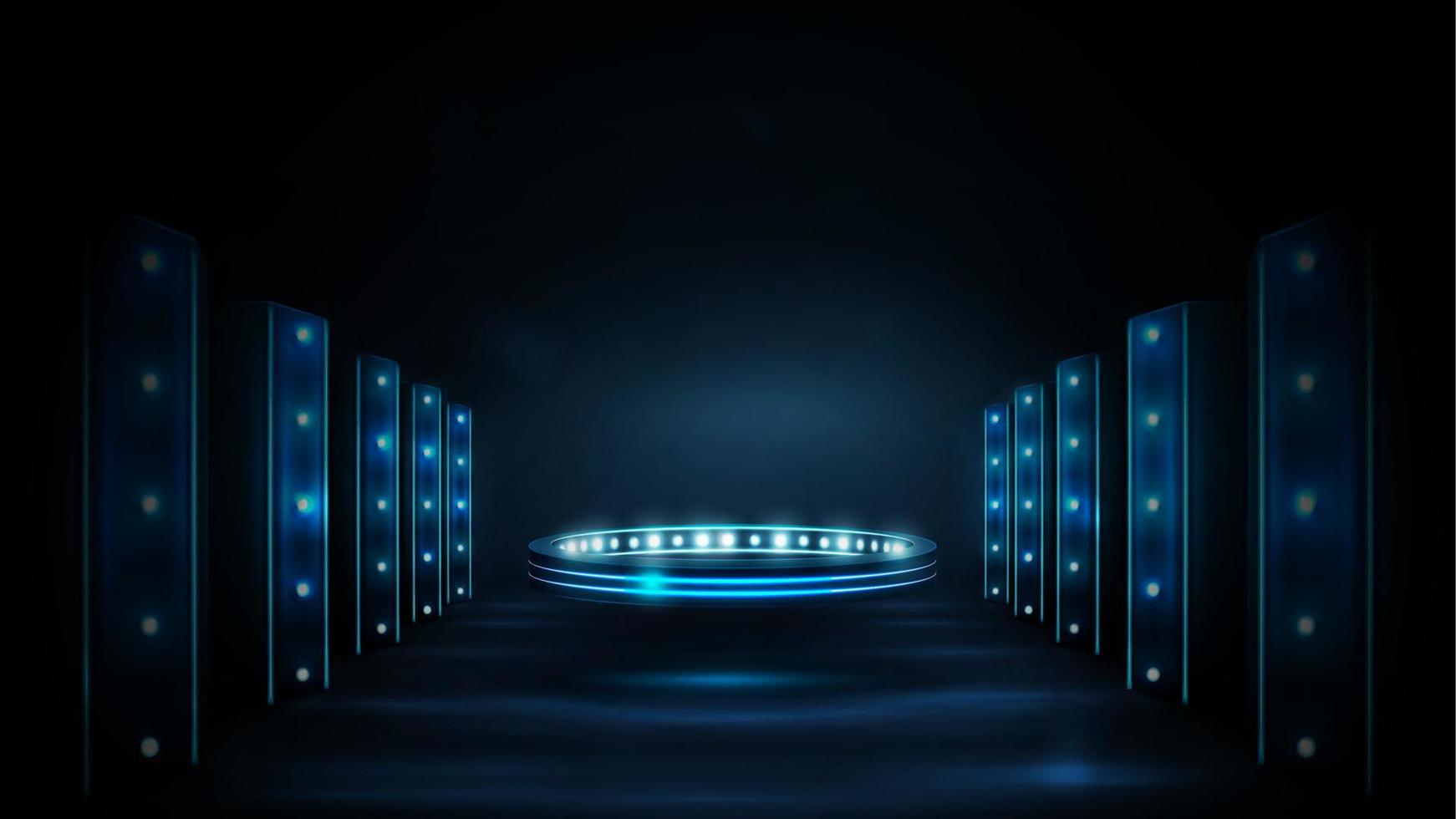 Digital ring and columns with lights. Shine blue neon podium in shape of ring in room with digital columns, scene from the future vector