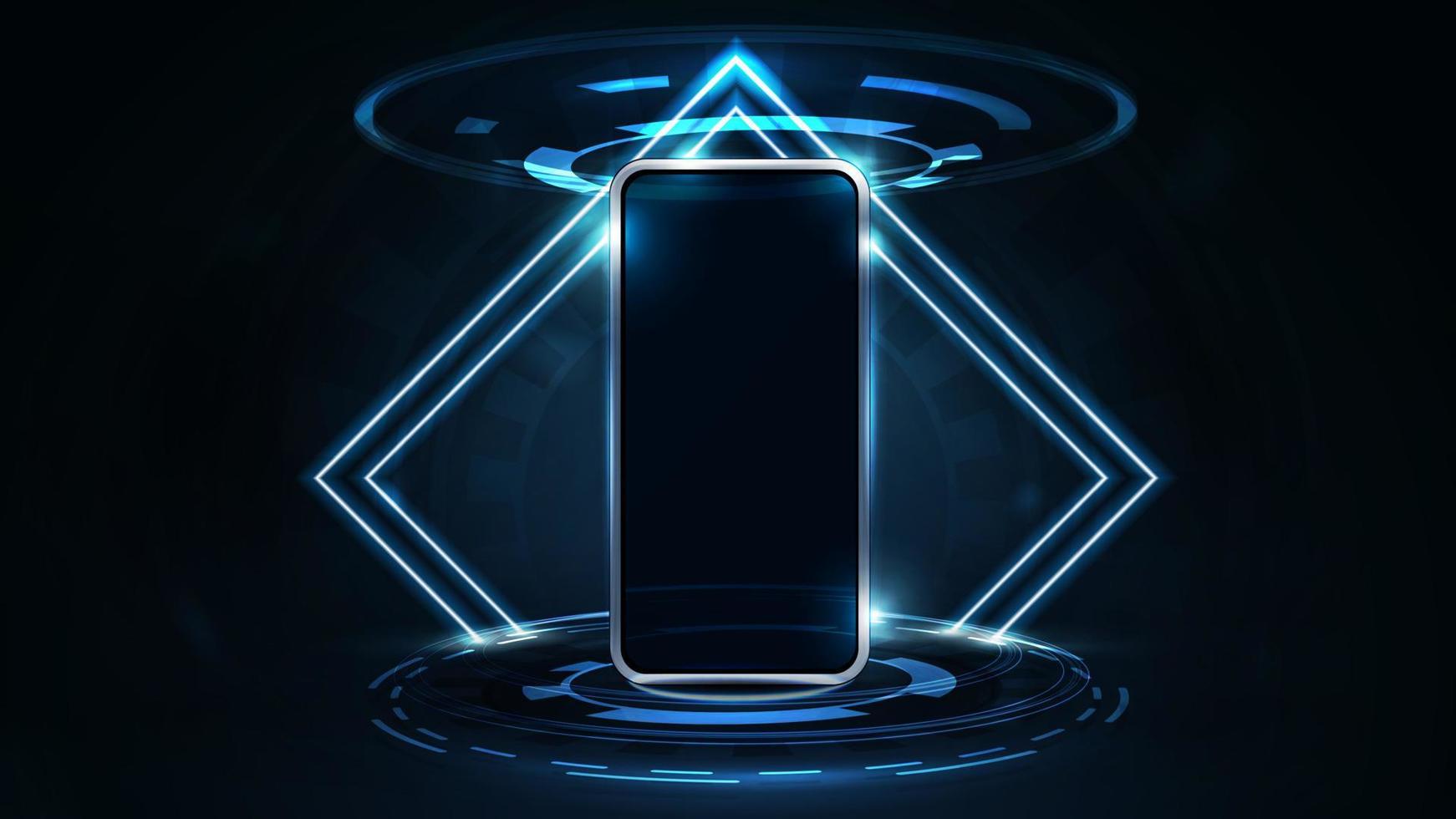 Smartphone mock up in dark scene with neon rhombus frames and hologram of digital rings in dark room vector