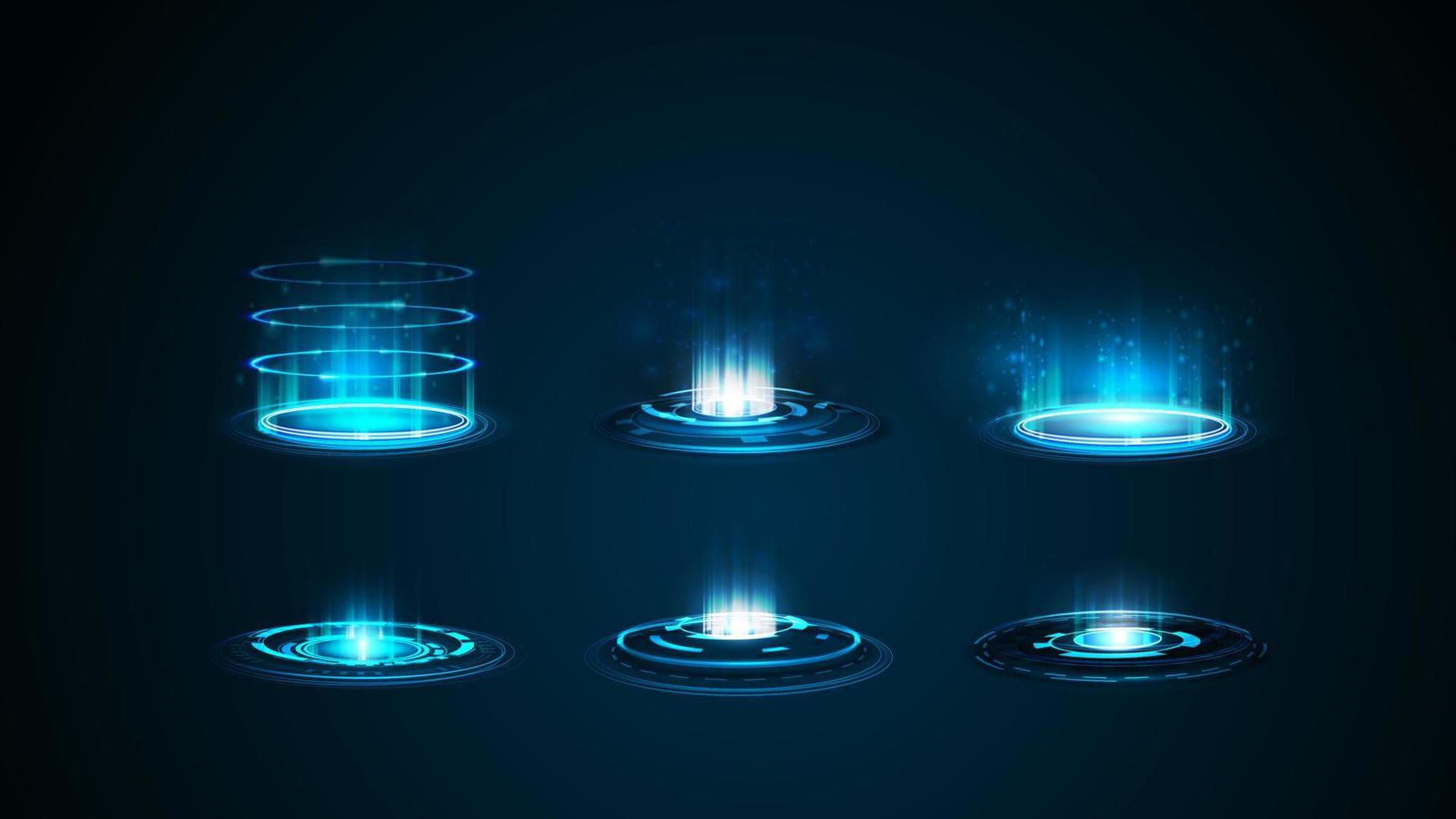 Set of blue digital hologram portals in cylindrical shape with shiny swirl rings on dark background for your arts vector