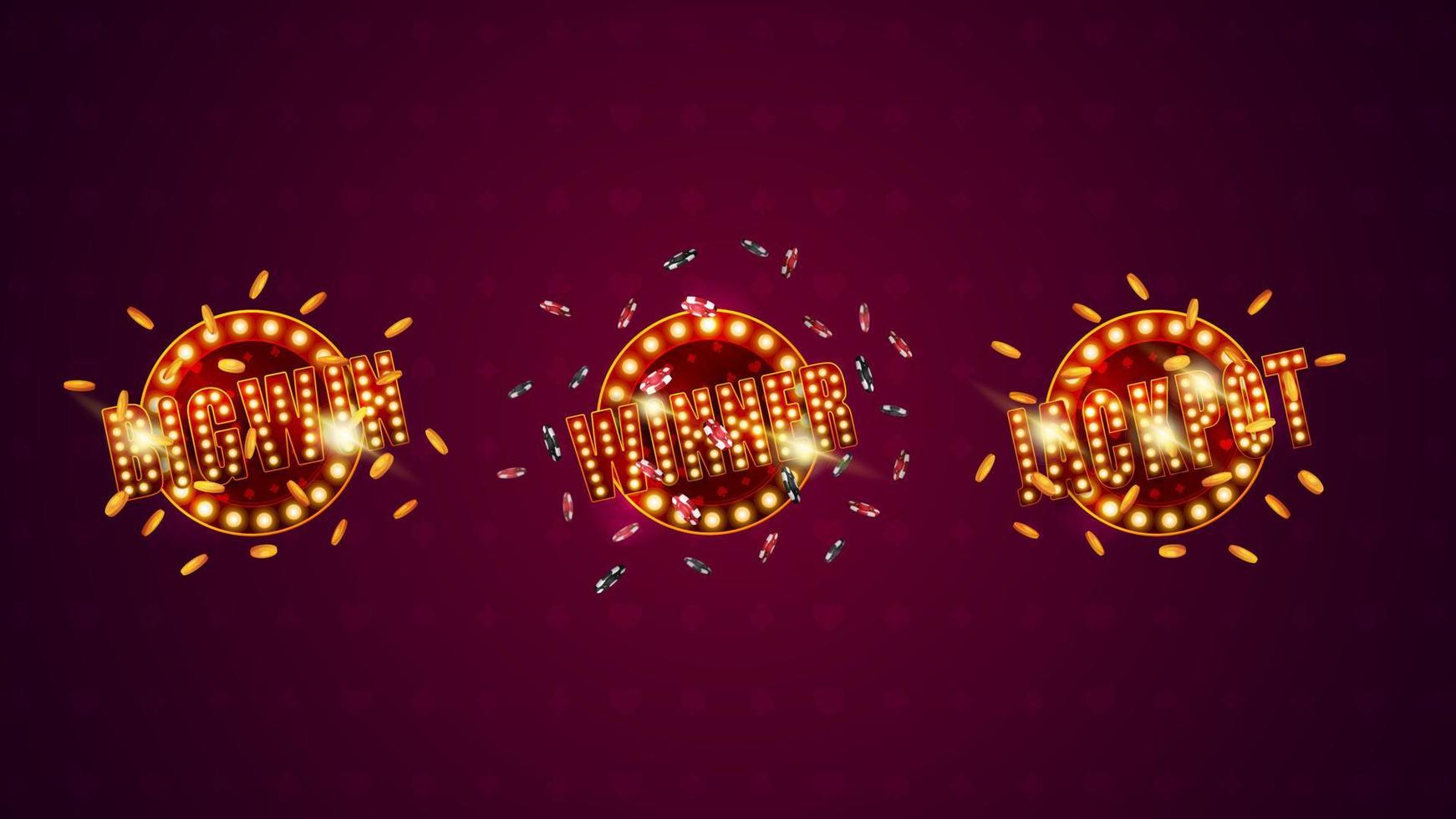 Collection of red round shining signs with bright bulbs, falling golden coins and chips on a bright background. Jackpot, big win, winner, volumetric signs for online casino vector