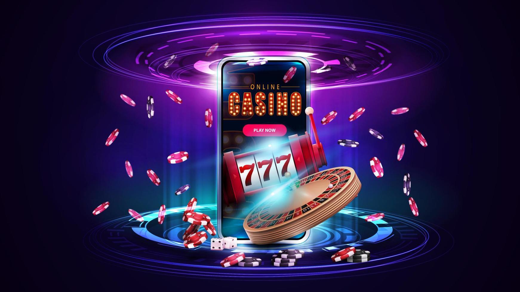 casino en línea, pancarta con teléfono inteligente, rueda de ruleta de casino, máquina tragamonedas, fichas de póquer y holograma de anillos digitales en escena rosa y azul vector