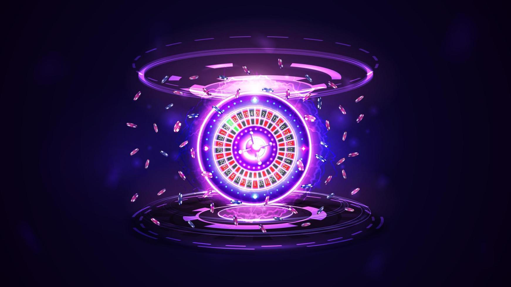 rueda de ruleta de casino de neón rosa brillante con fichas de póquer y holograma de anillos digitales en una escena oscura y vacía vector
