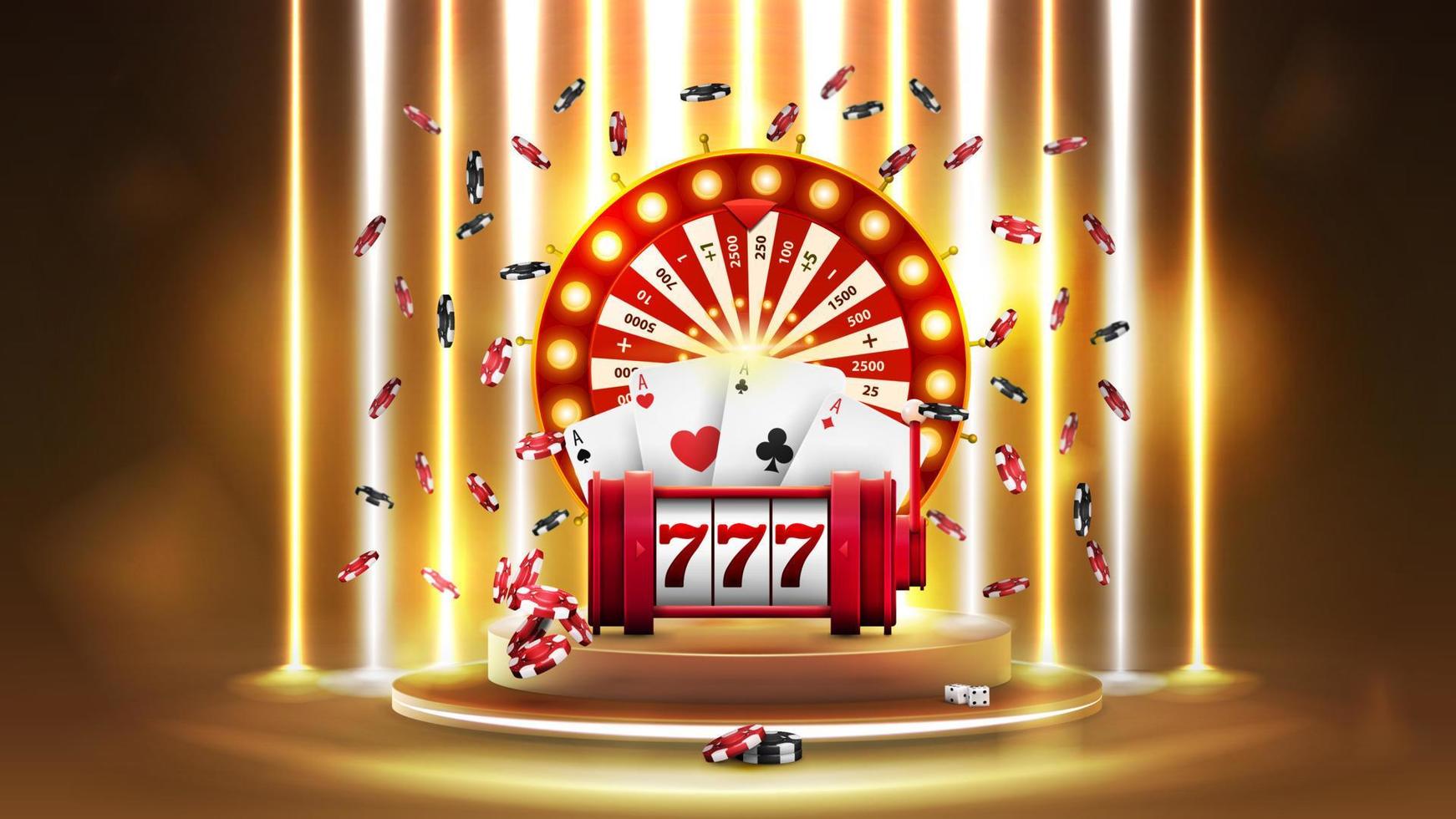 Gold banner with podium with Casino Wheel Fortune, Red slot machine, poker chips and playing cards in gold scene with wall of line vertical white and yellow neon lamps on background. vector