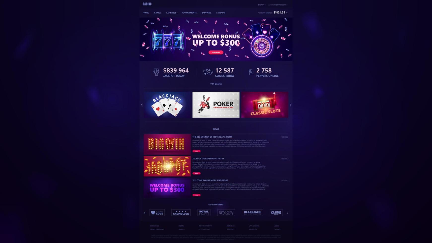 Online casino, dark and blue template of website of casino with web banners and casino elements vector