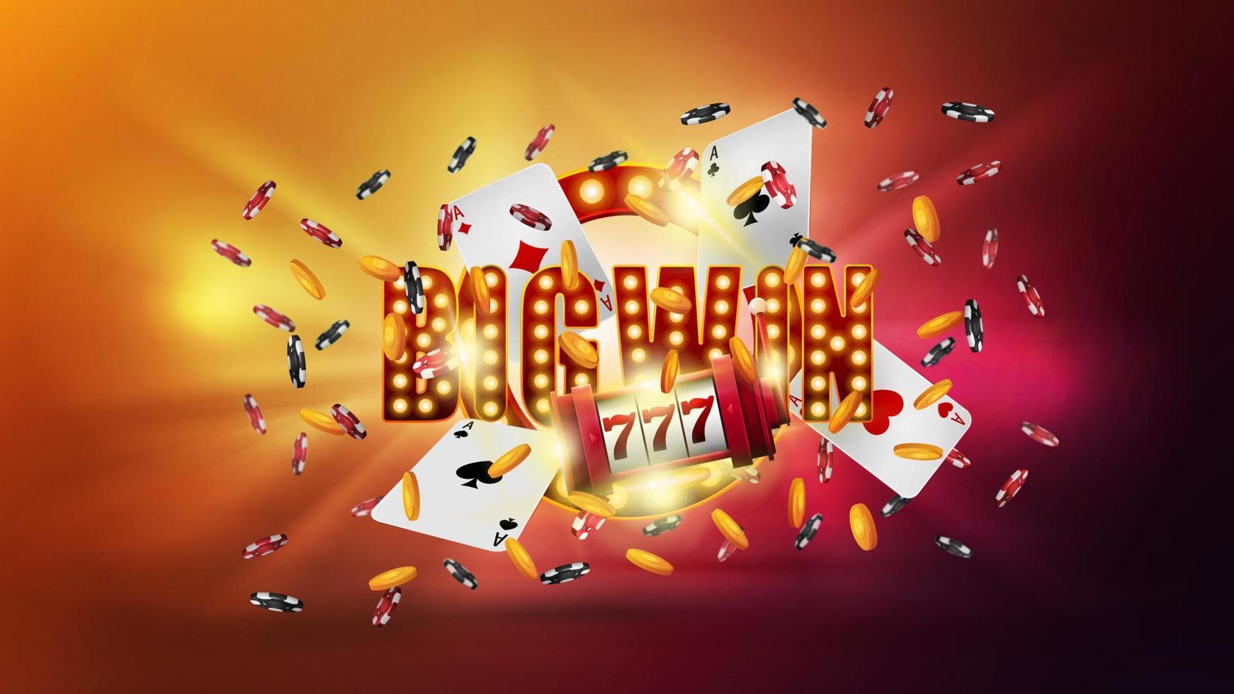 Big win, slot machine, cards, falling golden coins and chips on orange and purple blurred background. vector