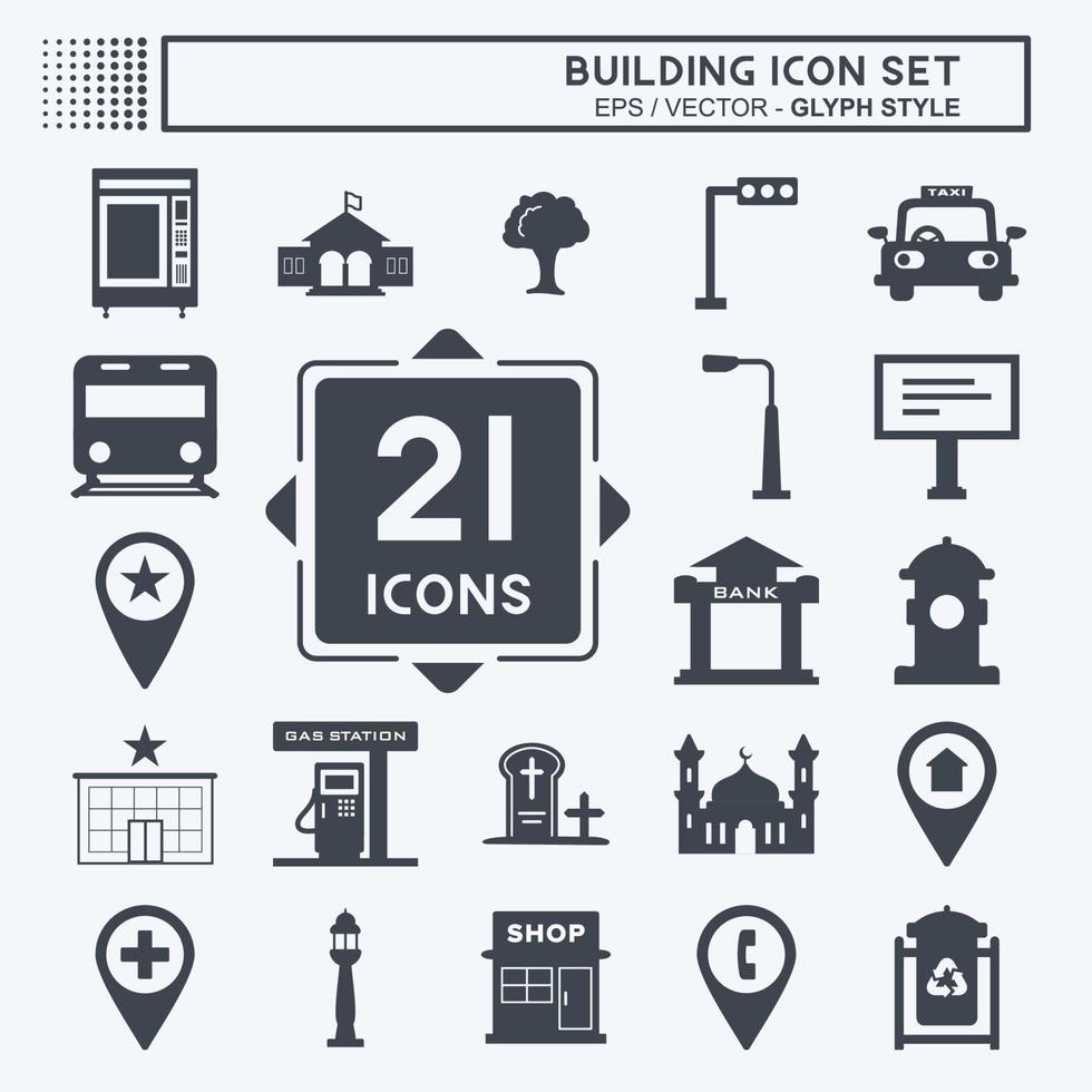 Building Icon Set in trendy glyph style isolated on soft blue ...