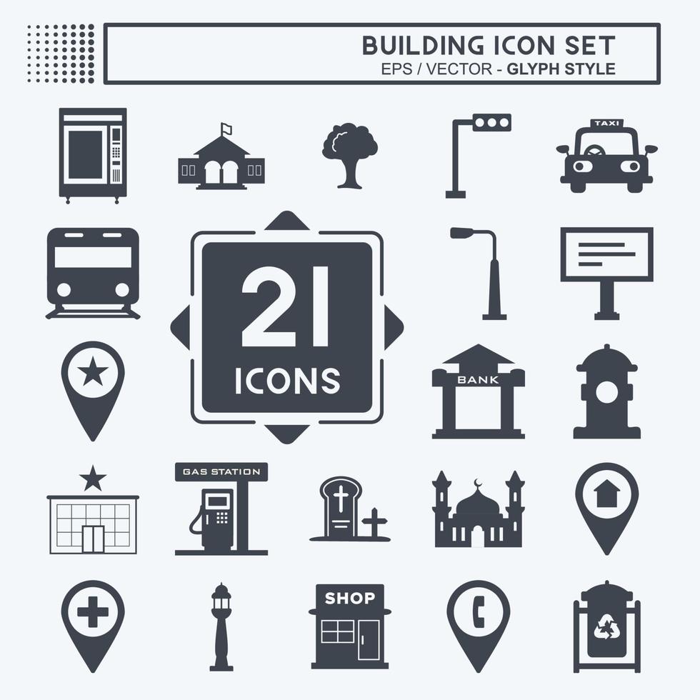 Building Icon Set in trendy glyph style isolated on soft blue background vector