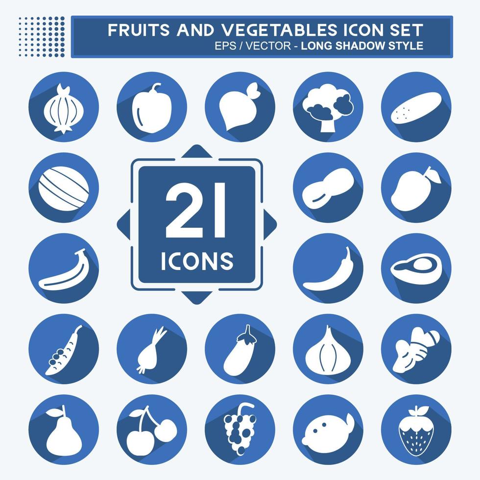 Fruits and Vegetables Icon Set in trendy long shadow style isolated on soft blue background vector