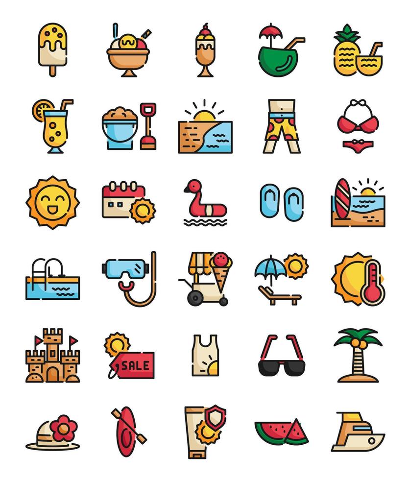 set of summer filled outline icons vector