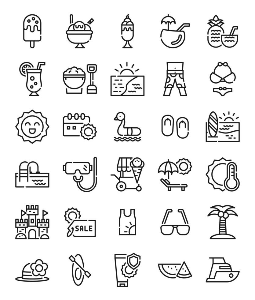 set of summer simple line icons vector