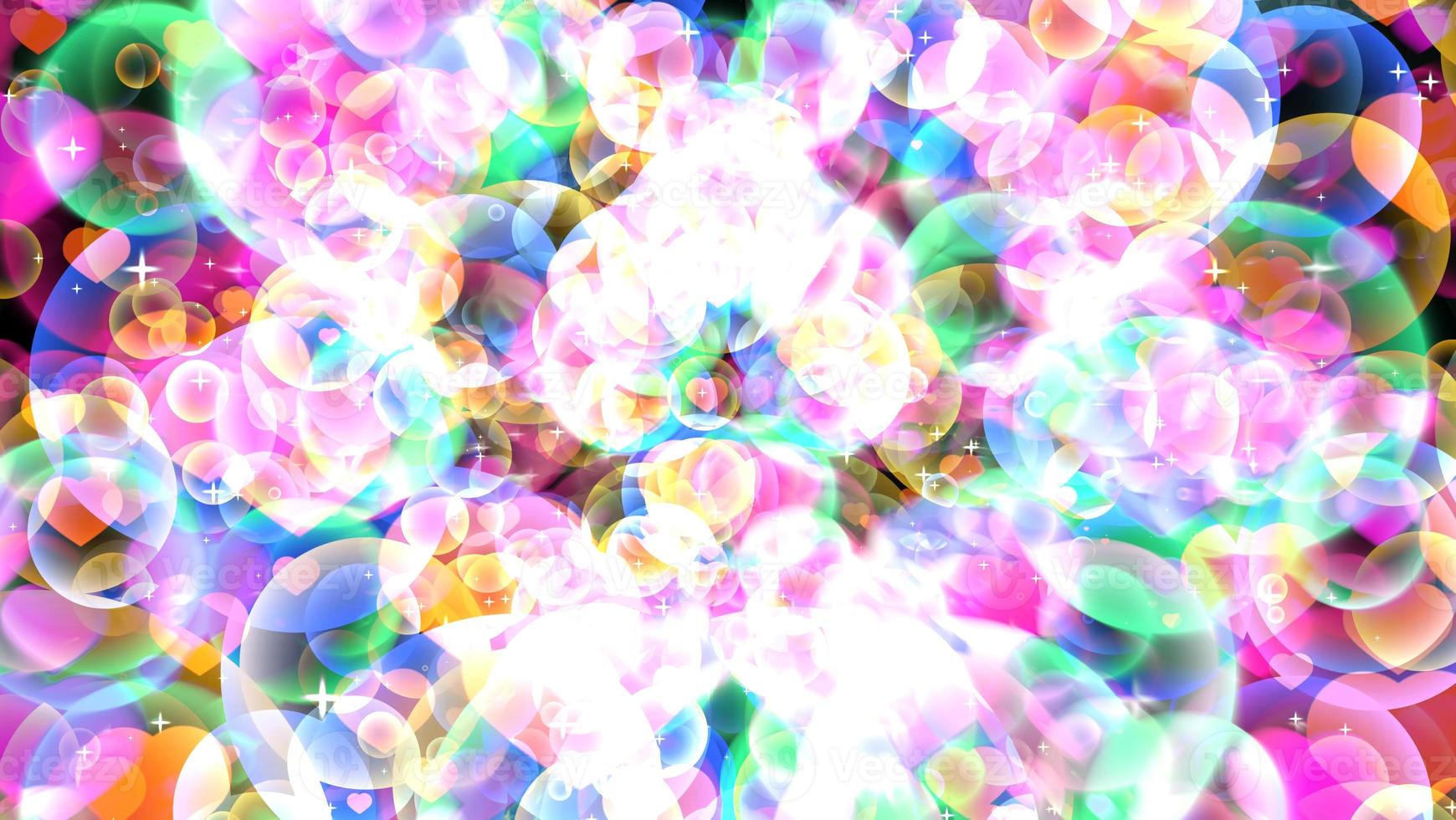 Rainbow reflection bubbles with hearts floating on black background photo