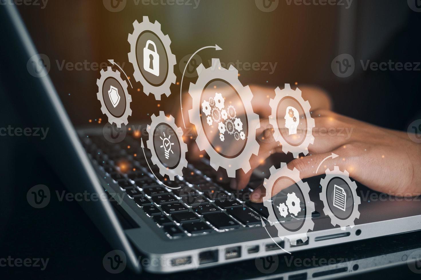 Businesswoman using a computer to Block Chain Industry 4.0 Technology. Worker touched blockchain microchip circuit icon on virtual screen. Blockchain Industrial Strategy Concept. photo