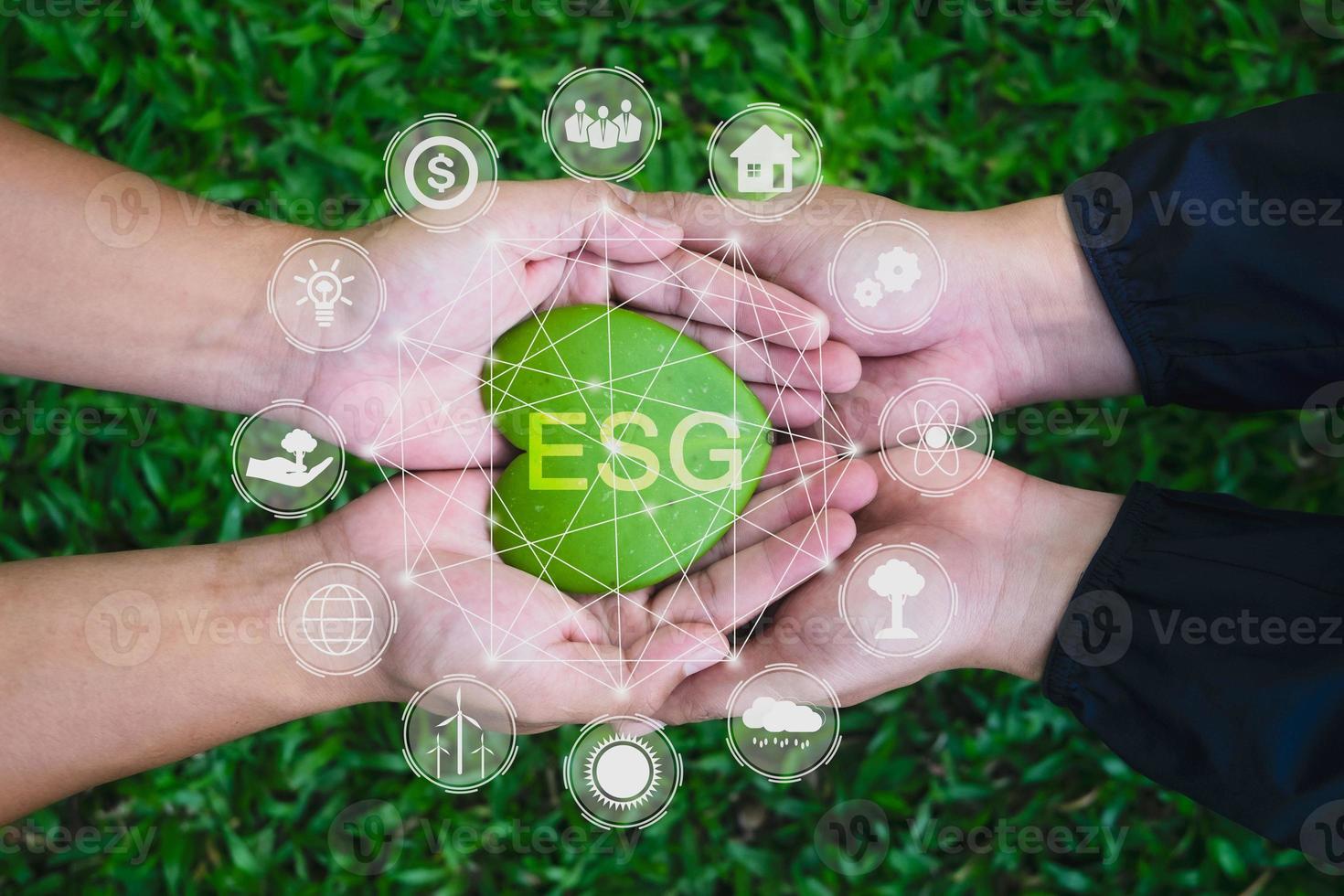 Adult hands holding green heart with ESG icon concept for environmental, social, and governance in sustainable and ethical business on the Network connection on a green background. photo