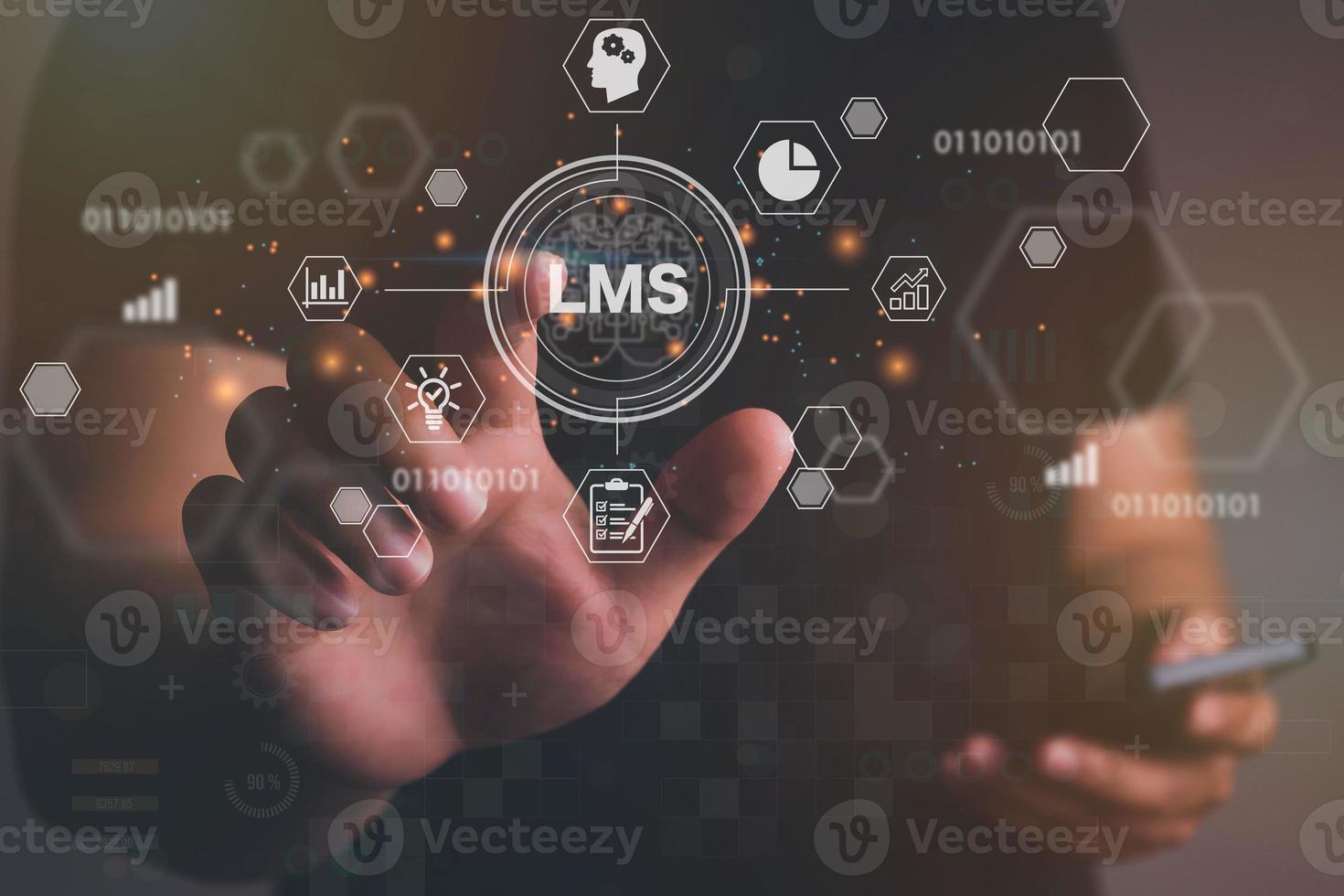 Man hand touching virtual screen to  LMS - Learning Management System web icon for lesson and online education, course, application, study, e learning, knowledge everywhere and every time. photo