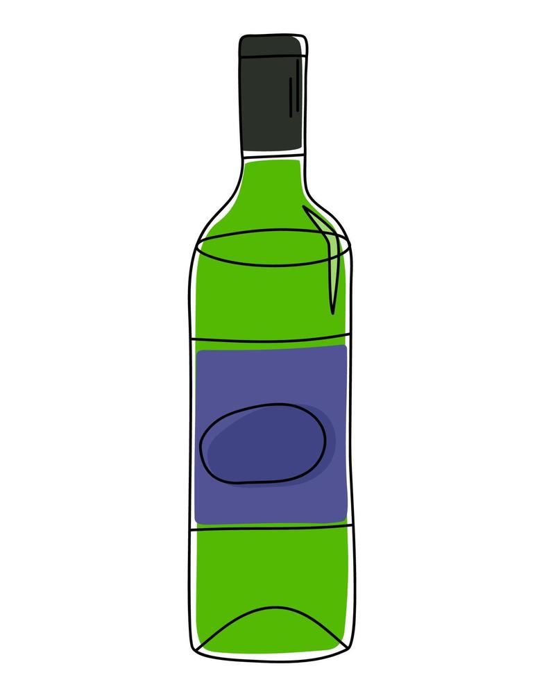 Green bottle of wine in doodle style. vector