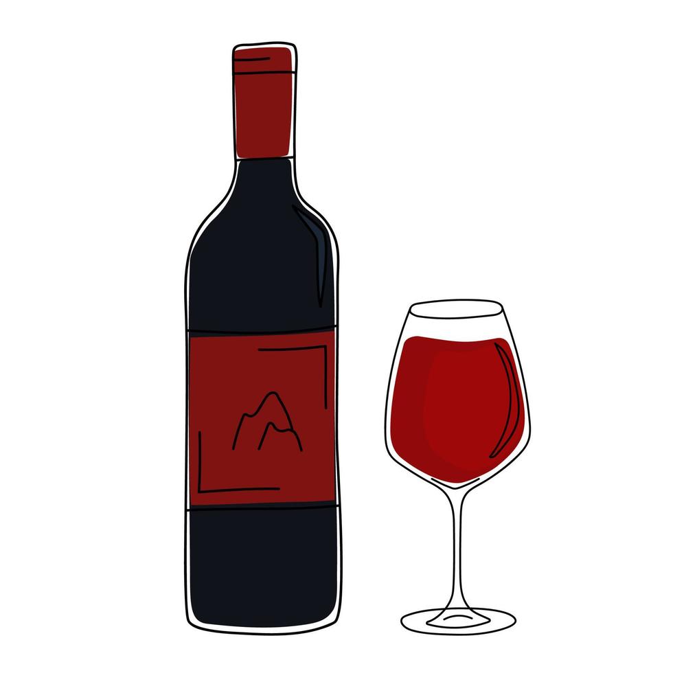 Bottle of red grape wine and wineglass in doodle style. vector
