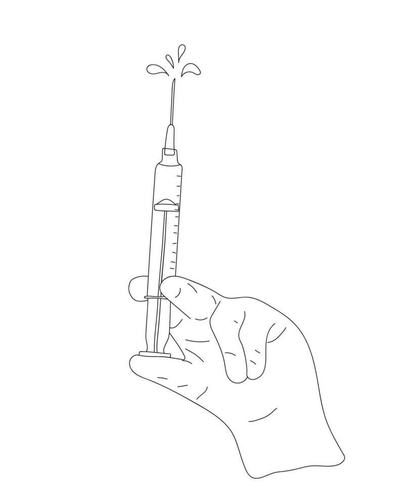 Hand in medical glove holding the syringe in doodle style. vector