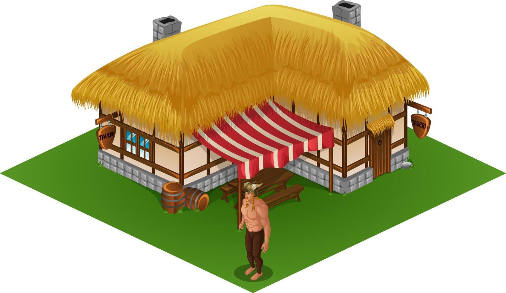 Isometric Viking Man Character in Front of Medieval Tavern vector