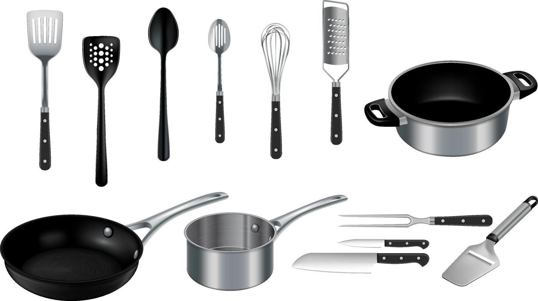 Vector realistic kitchen cooking utensils set in black and stainless steel on white background