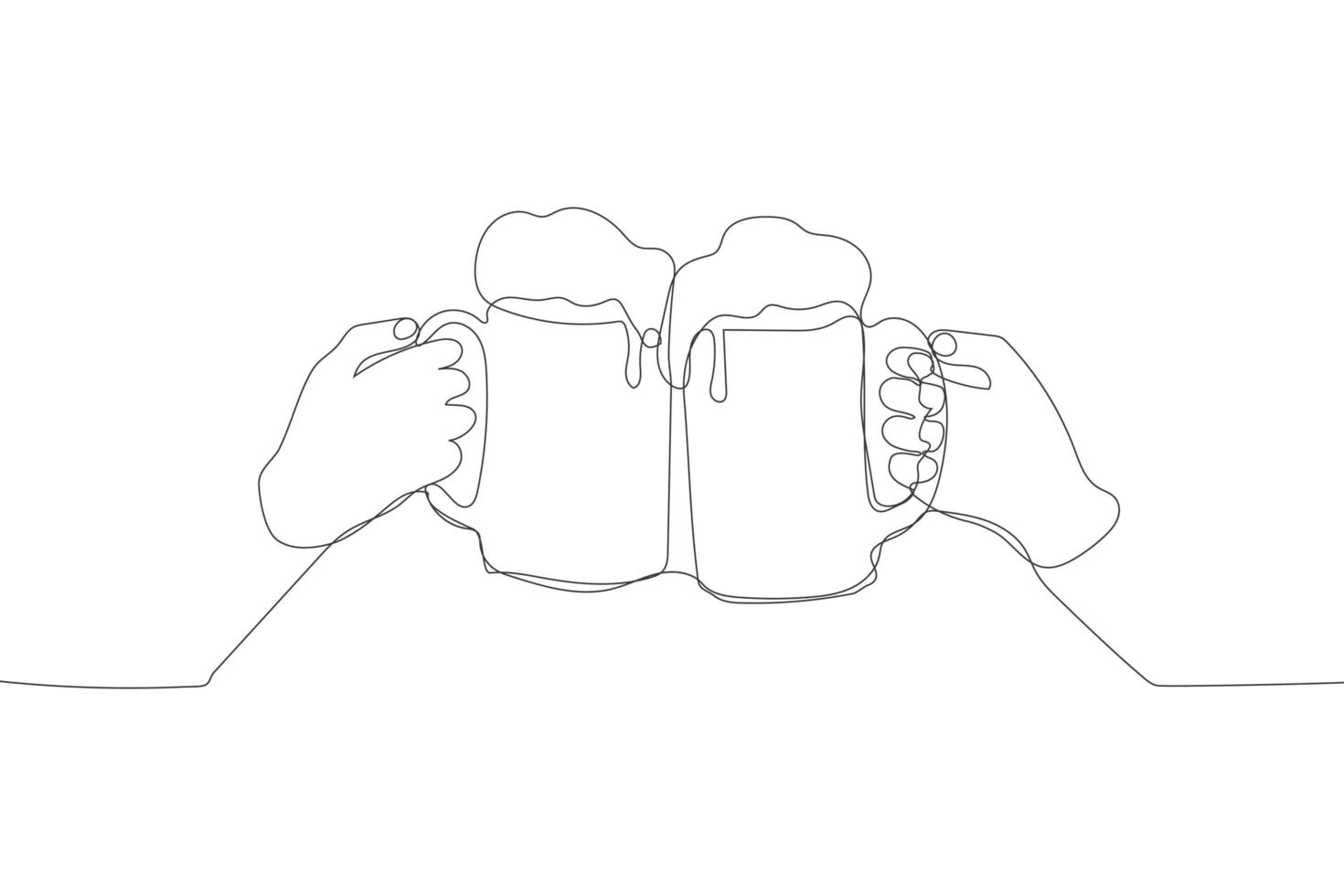 dibujo continuo de una línea de manos de dos personas tintineando vasos de cerveza. vector