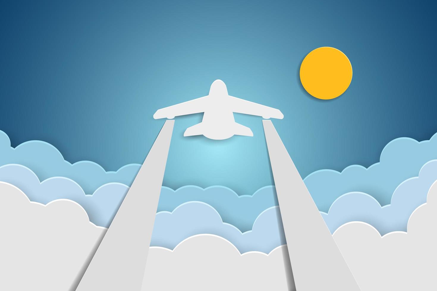 Paper airplane flying above clouds in blue sky vector