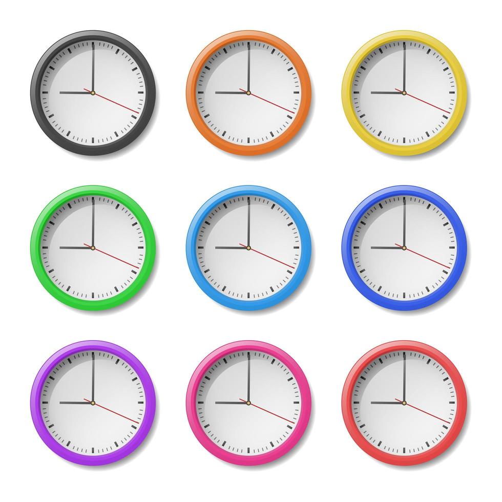 Set of modern round clocks with different colors vector