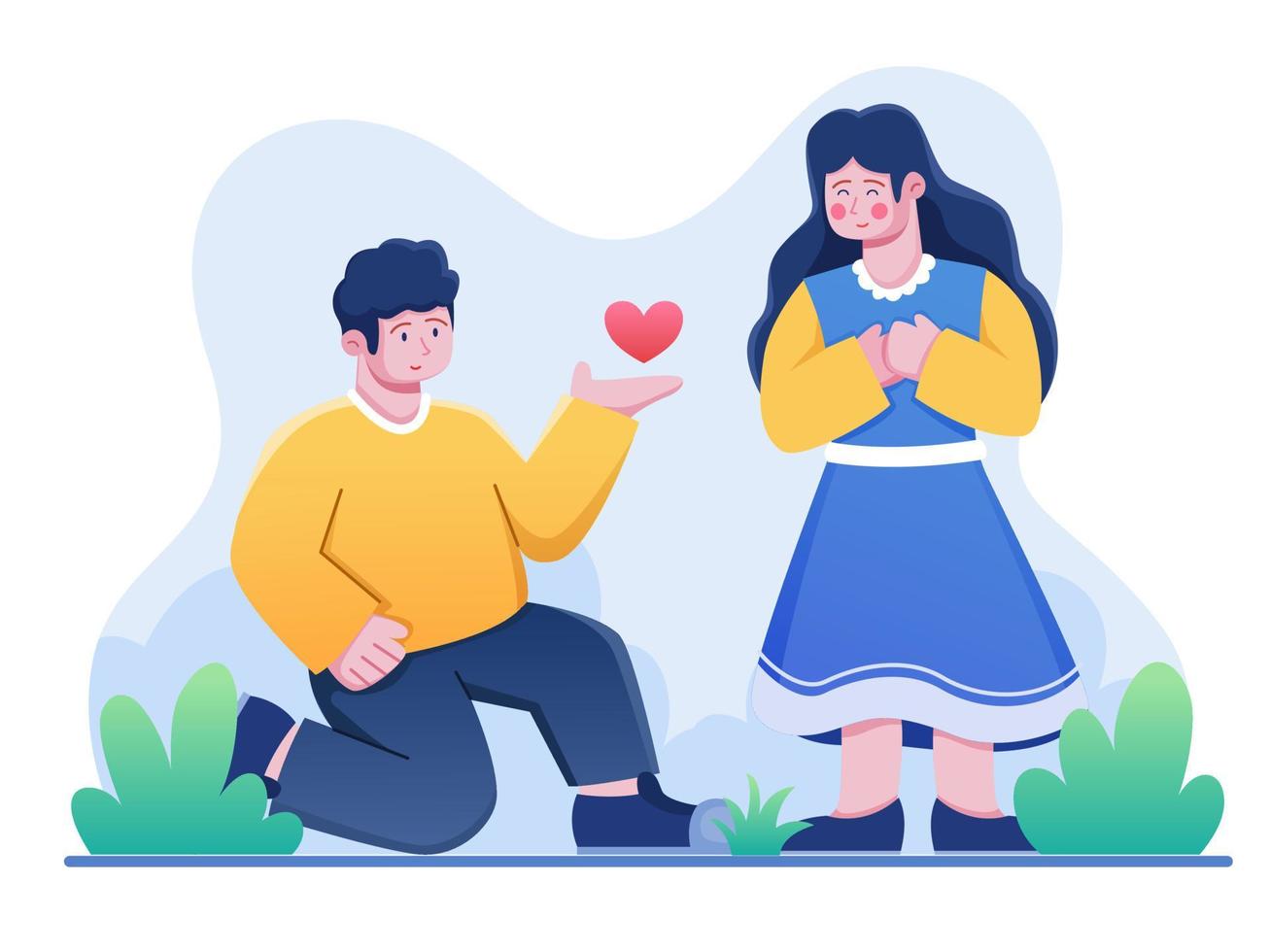 Couple celebrating valentine's day at 14 February. Man Giving Love or Heart to Woman. Romantic happy loving couple. Can be used for greeting card, invitation, web, landing page, postcard, animation. vector