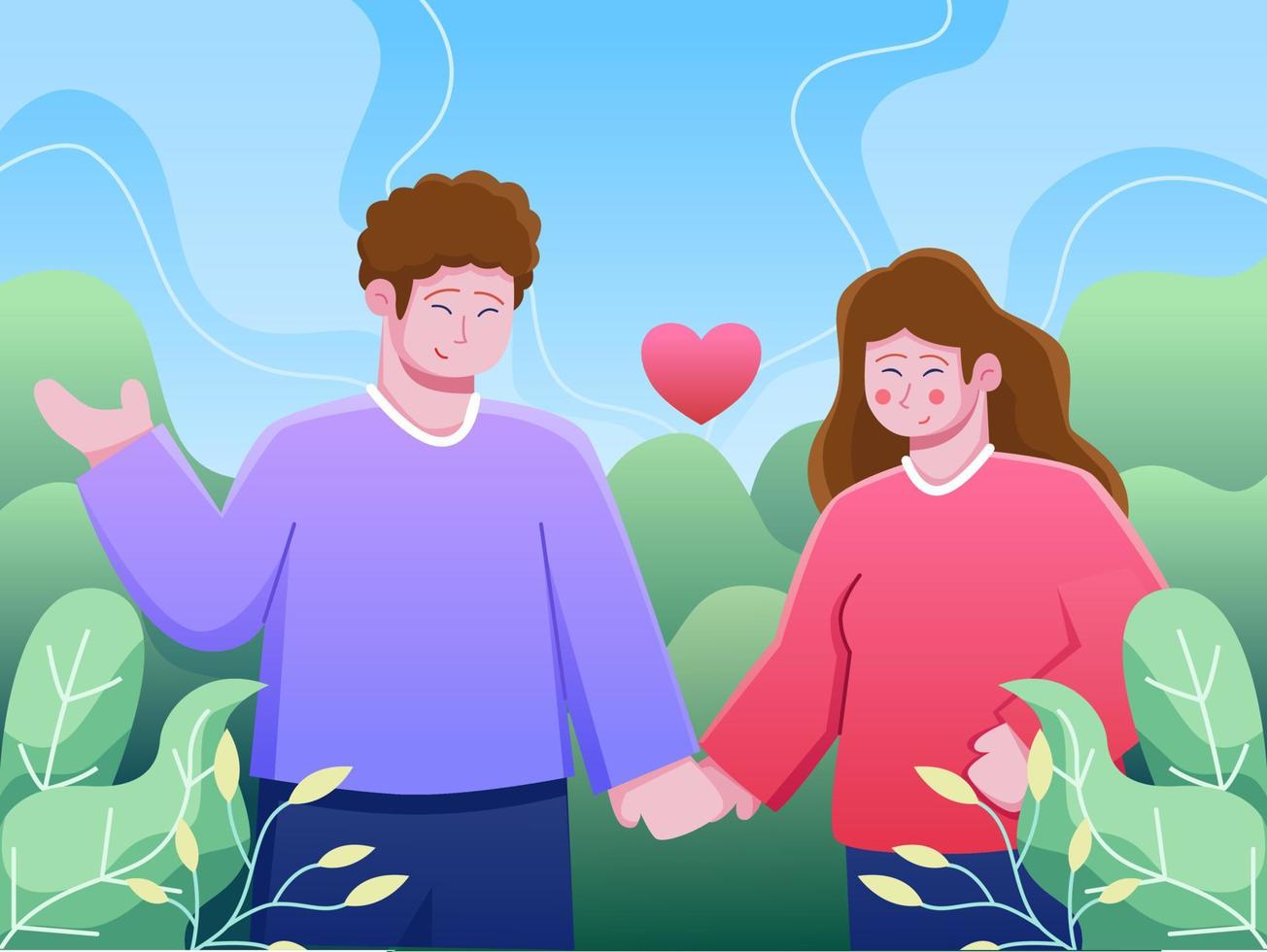 pareja feliz amándose celebrando el día de san valentín. pareja de hombre y mujer caminando en el parque. se pueden utilizar tarjetas de felicitación, postales, pancartas, web, animación, impresión, redes sociales, etc. vector