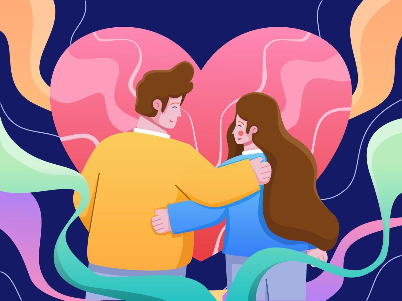 Cute Cartoon Flat Illustration of young woman and man in love and hugging. Romantic Couple at Valentine's Day. Can be used for animation, greeting card, postcard, invitation, web, social media, etc vector