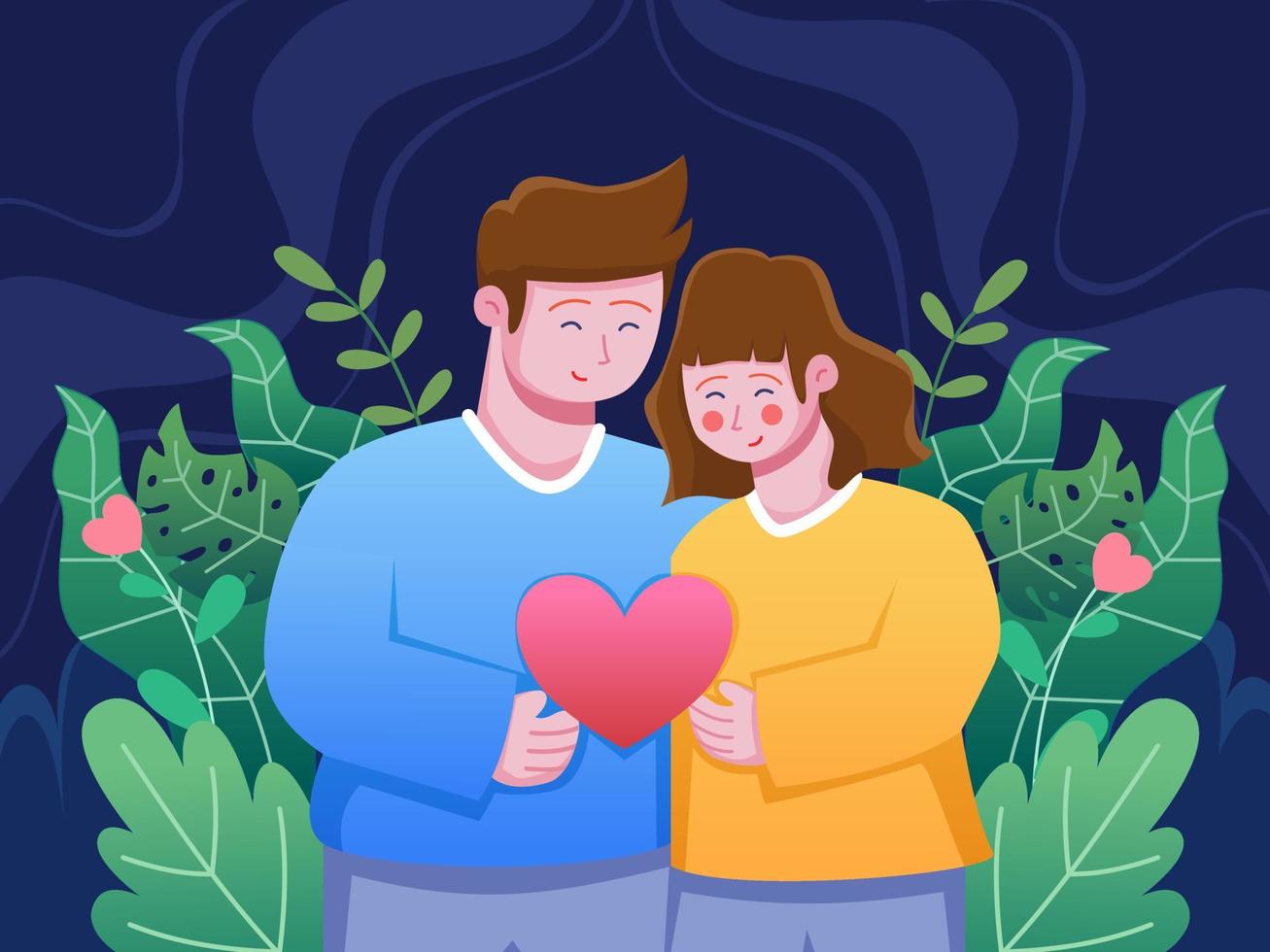 pareja de hombres y mujeres abrazándose cariñosamente y enamorados. pareja con ilustración plana de fondo floral. pareja cuando el día de san valentín. puede usarse para tarjetas de felicitación, postales, animación, web vector