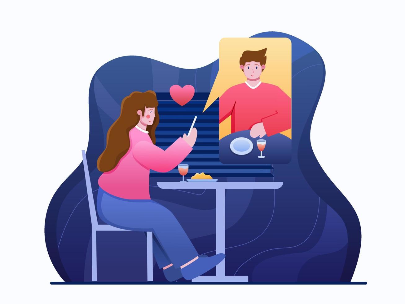 pareja cenando juntos con teléfonos inteligentes y hablando a través de una videollamada. pareja de relación a larga distancia. fecha en línea durante la pandemia de virus. puede usarse para pancarta, afiche, web, animación. vector