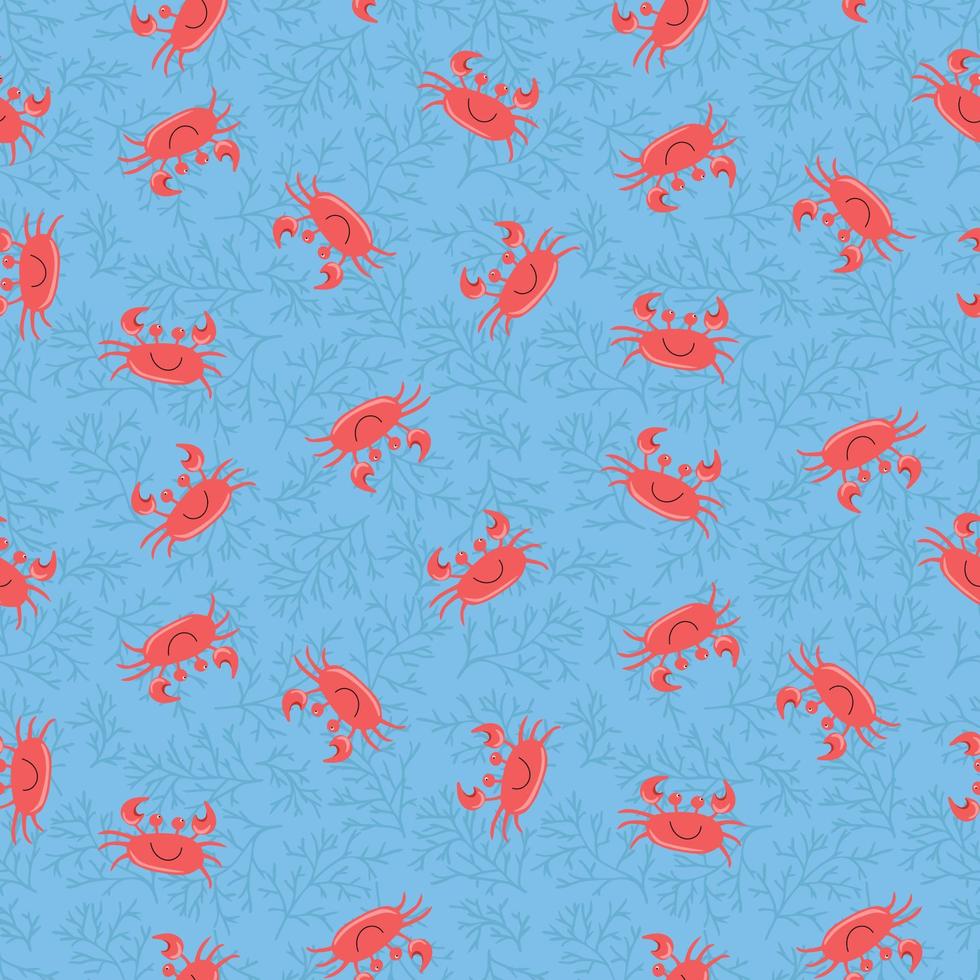 Seamless cute crab pattern with seaweed. vector