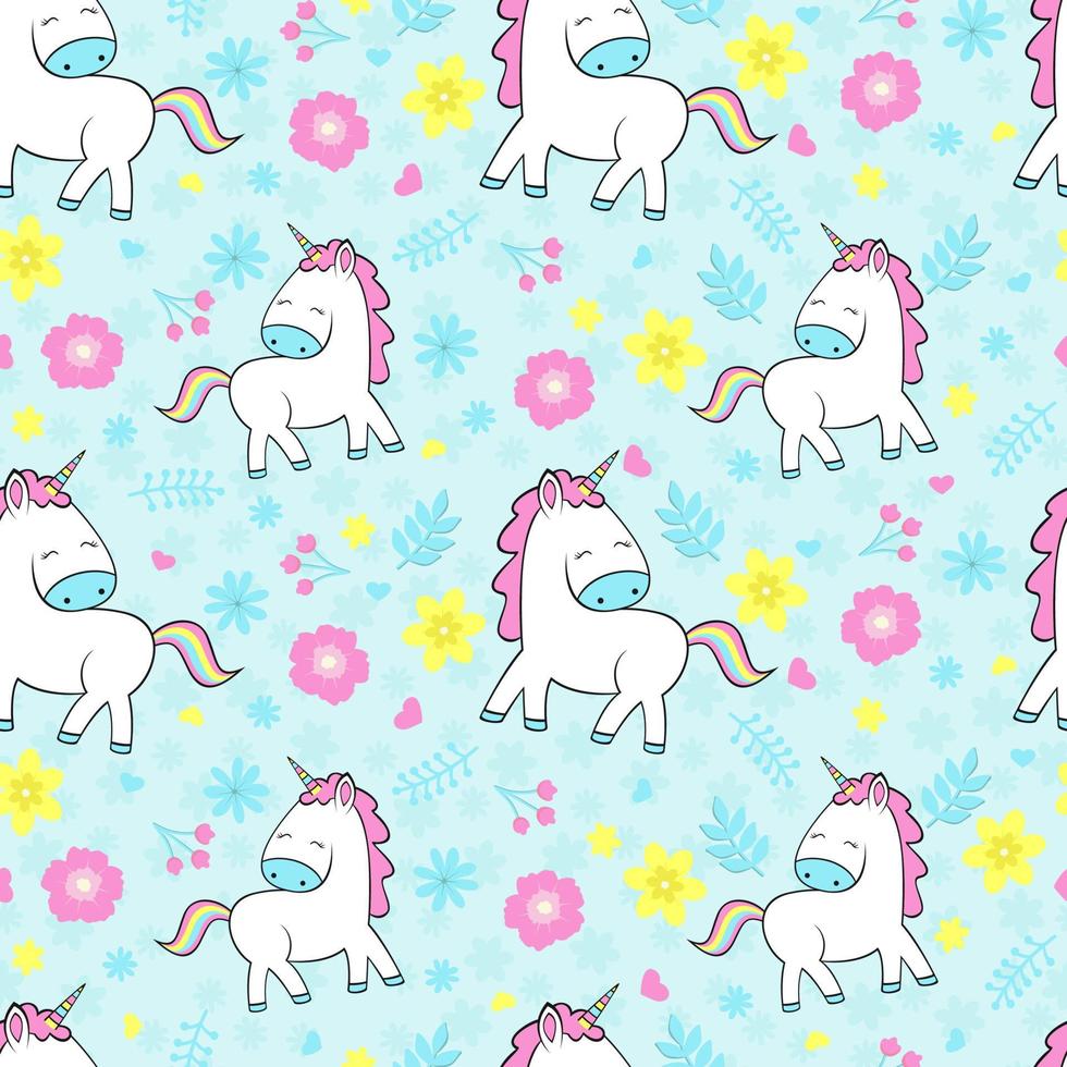 Seamless pattern with little unicorns and cute flowers. Print for kids clothes, fabric and phone case. vector