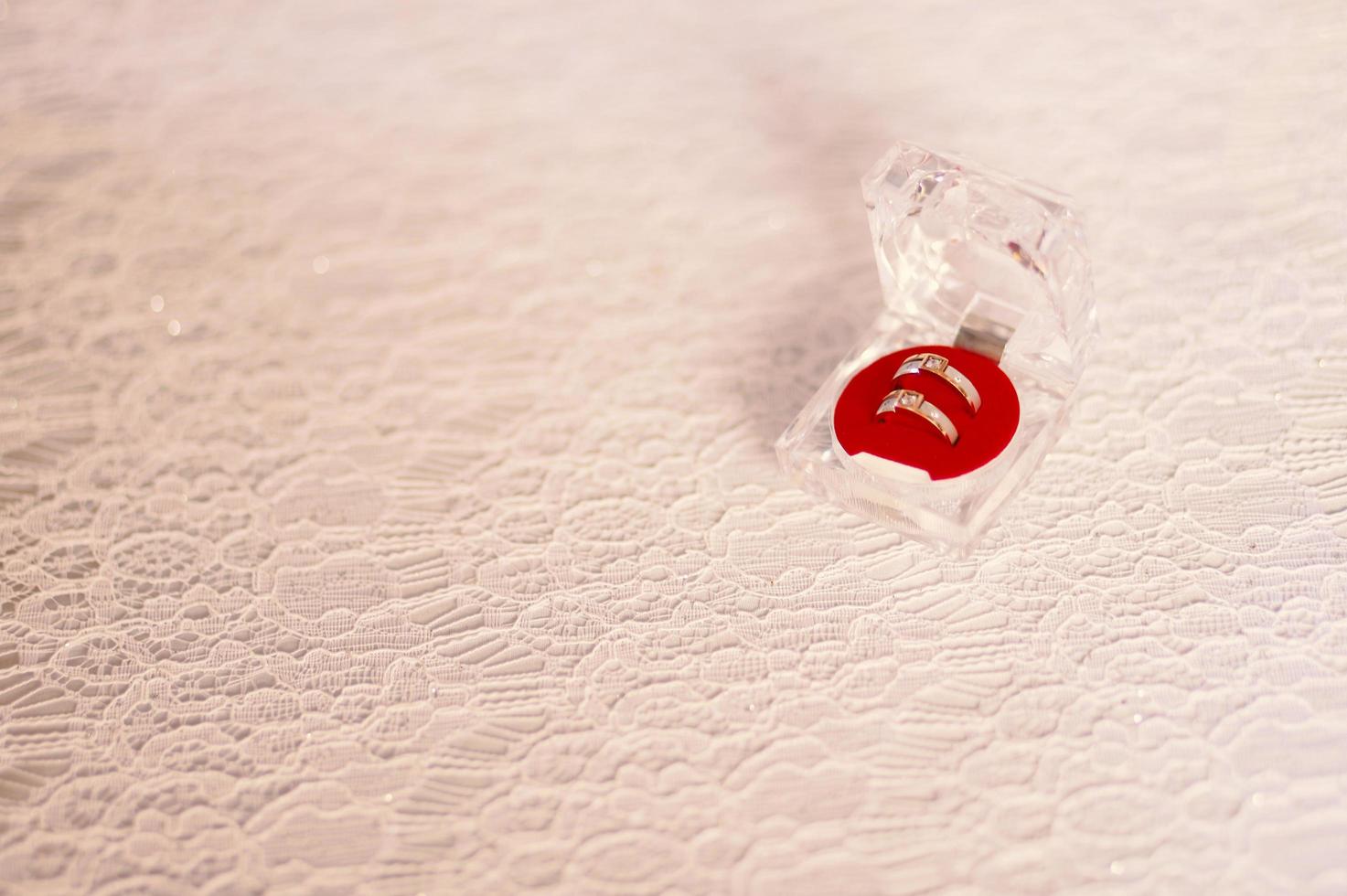 A pair of wedding rings on box photo