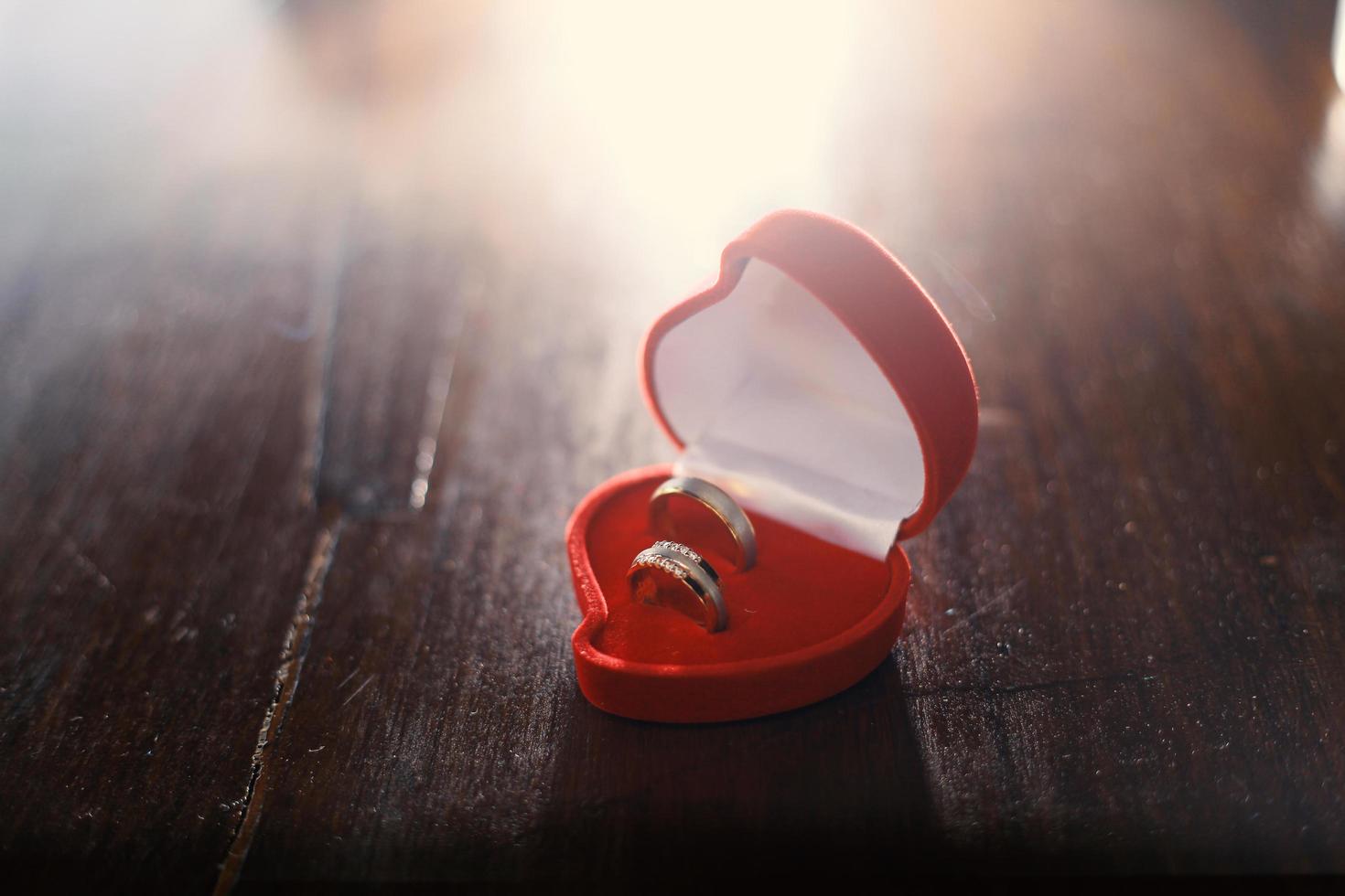 A pair of wedding rings on box photo