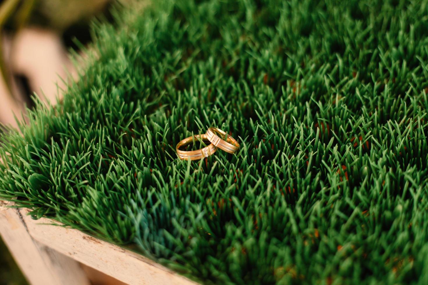un par de anillos de boda en la hierba foto