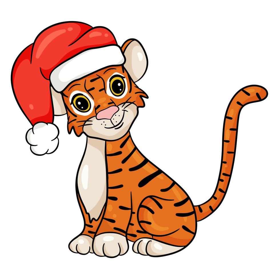 Tiger in Santa Claus hat. Symbol of the new year according to the Chinese or Eastern calendar. Vector editable illustration, cartoon style