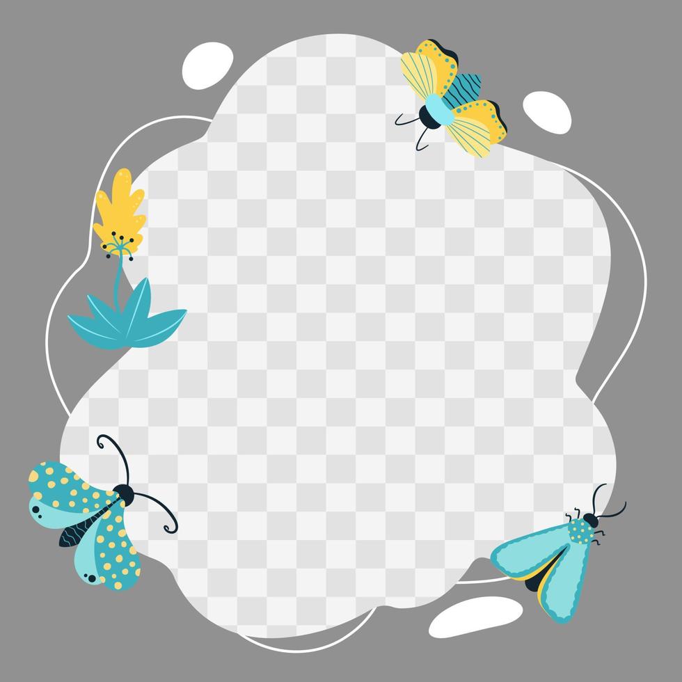 Insects, butterflies, beetles, flowers. Vector frame in the form of a spot in a flat cartoon style. Template for children's photos, postcards, invitations.