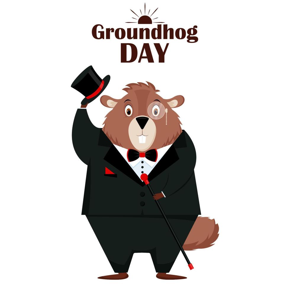 Happy Groundhog Day. Happy and elegant groundhog in tuxedo, top hat, bow tie. Isolated on a white background. Vector illustration.