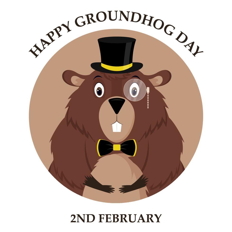 Happy Groundhog Day. Design of a funny and cute groundhog character for the design of banners, websites, fabric prints, stickers, icons. Vector cartoon style.