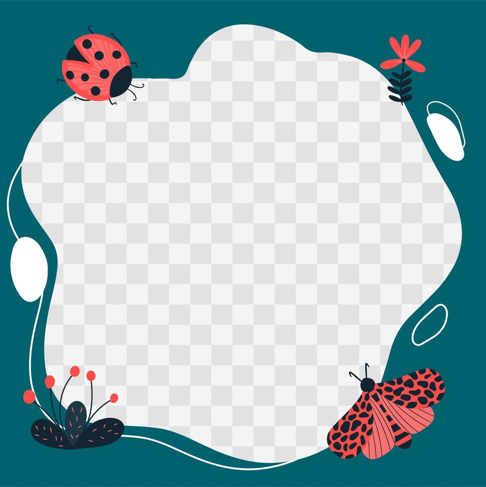 Insects, butterflies, beetles, flowers. Vector frame in the form of a spot in a flat cartoon style. Template for children's photos, postcards, invitations.