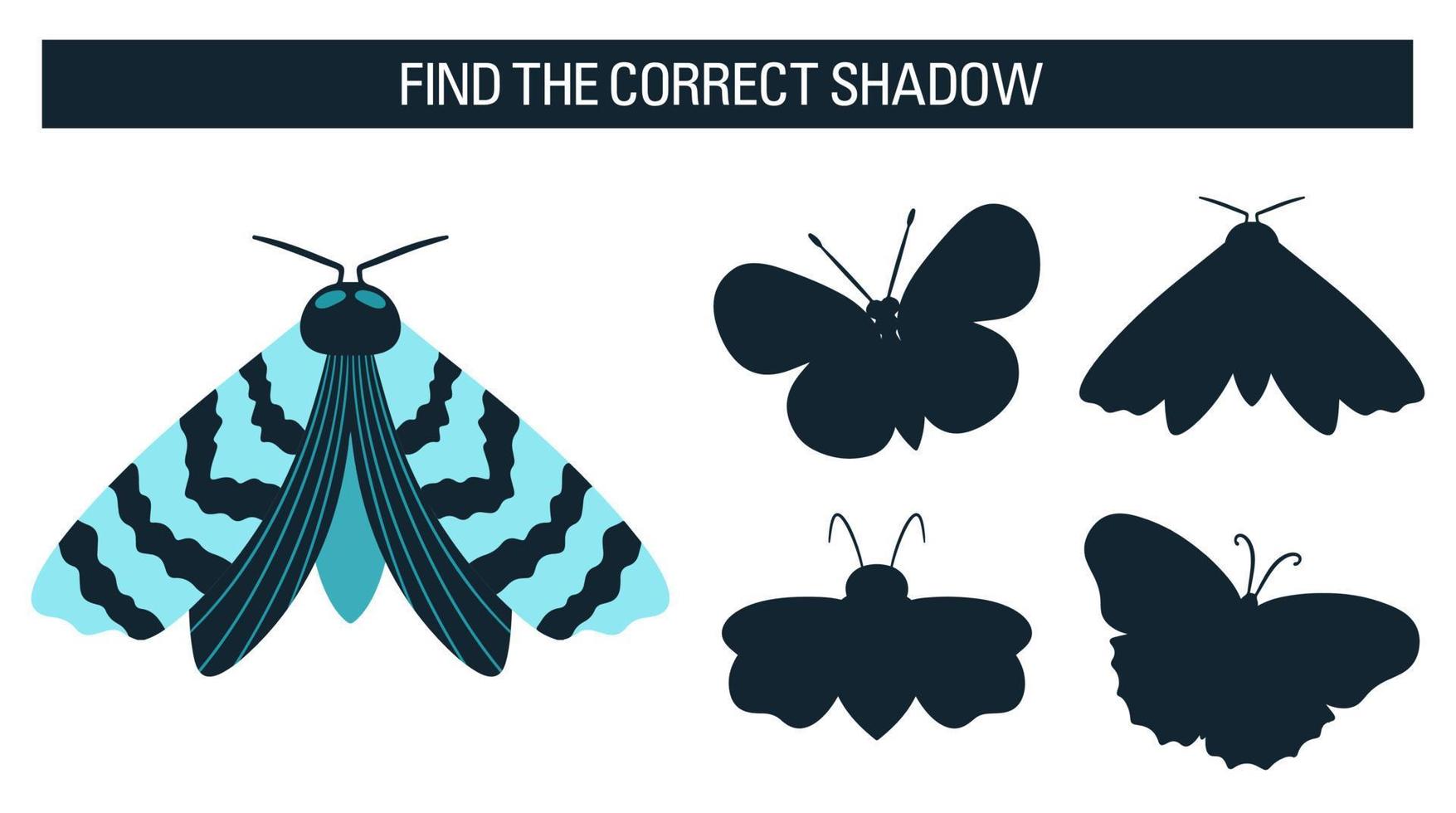 Insects, butterflies, moths. Find the right shadow, an educational game for kids. Vector illustration cartoon style