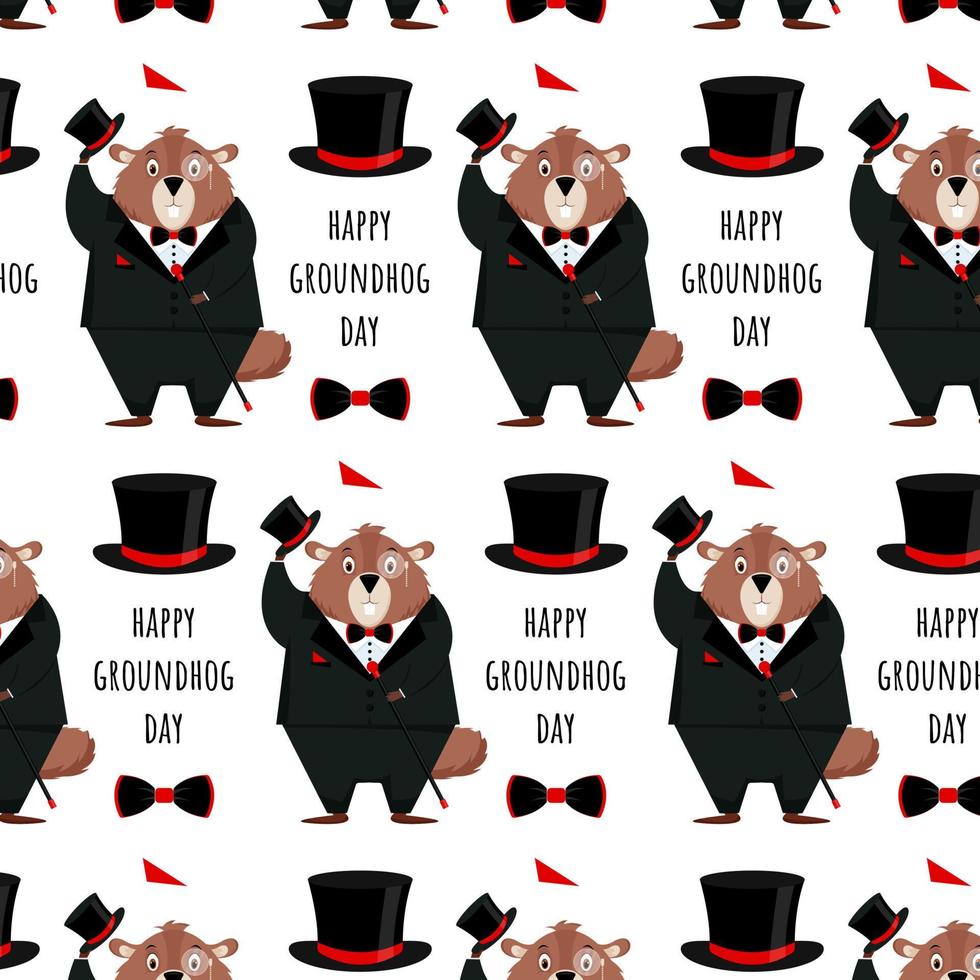 Happy Groundhog Day. Pattern of a groundhog in a tuxedo, top hat, bow tie, with a cane in his hand on a white background.Vector illustration. vector