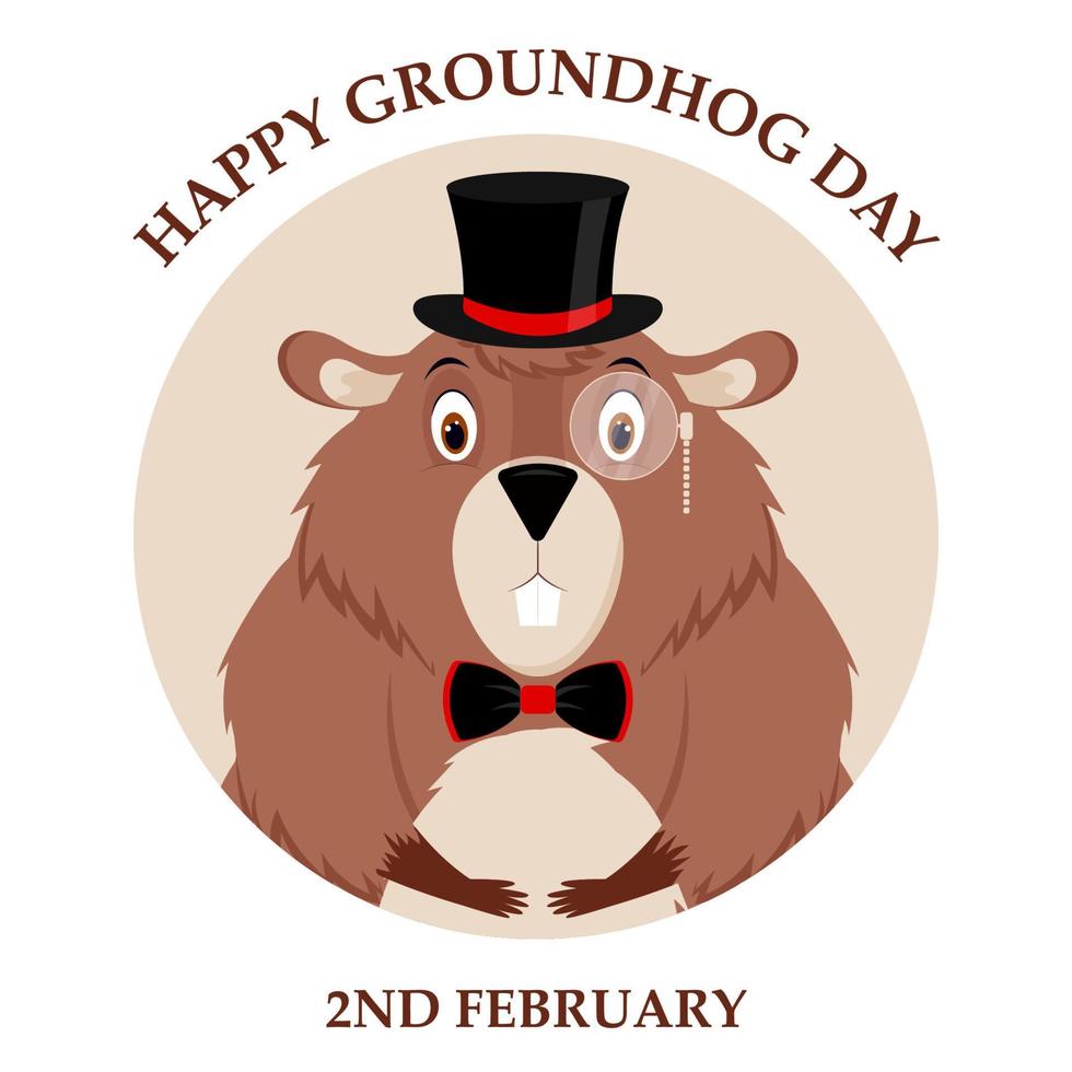 Happy Groundhog Day. Design of a funny and cute groundhog character for the design of banners, websites, fabric prints, stickers, icons. Vector cartoon style.